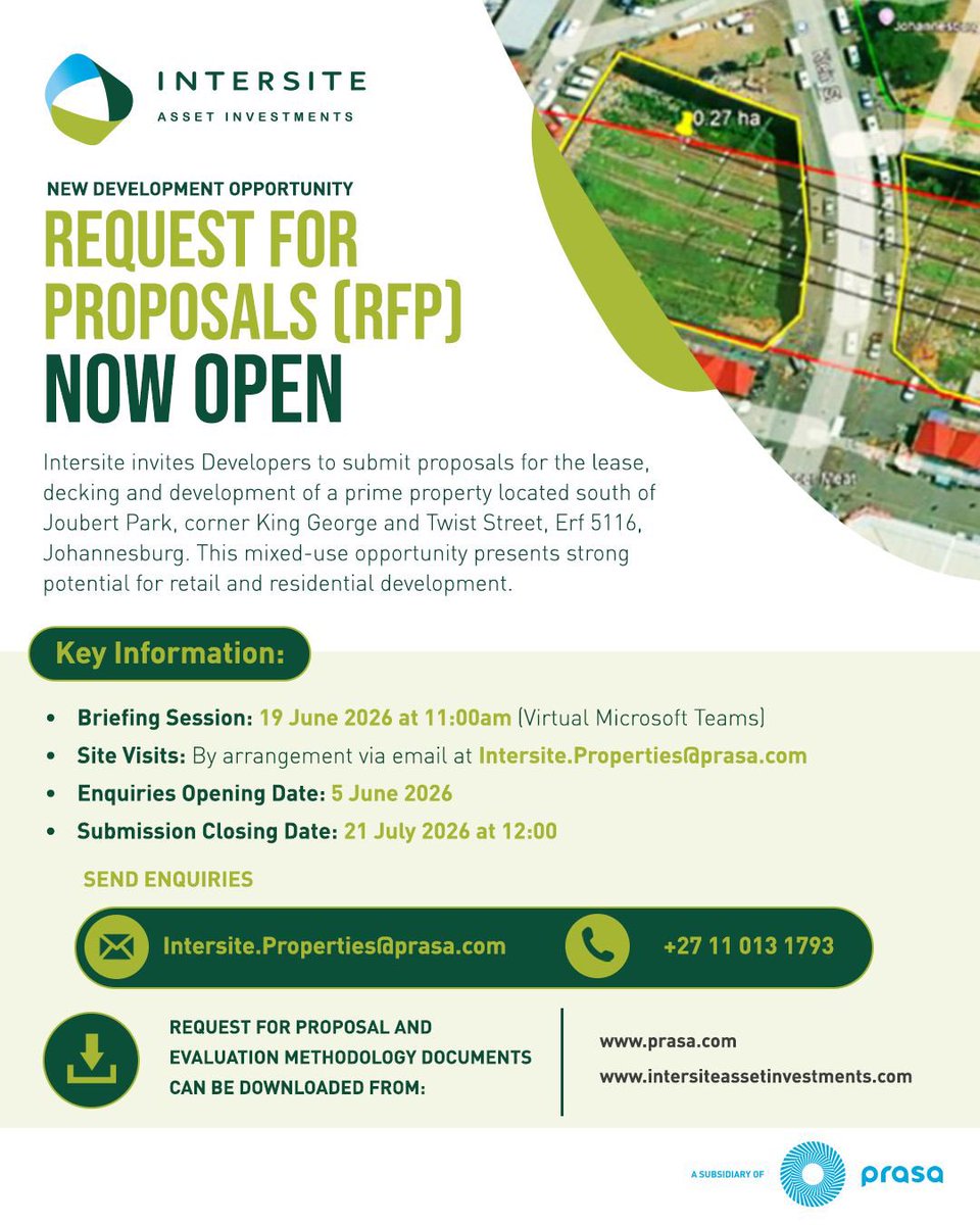 IntersiteInvest's tweet photo. 🚧 RFP Open | Intersite invites developers to bid for a prime mixed-use development opportunity south of Joubert Park, Johannesburg. 🏙️🚆

📅 Briefing: 19 June 2026
📝 Closes: 21 July 2026

#PRASAIntersite @PRASA_Group https://t.co/ItoWmCHeNL