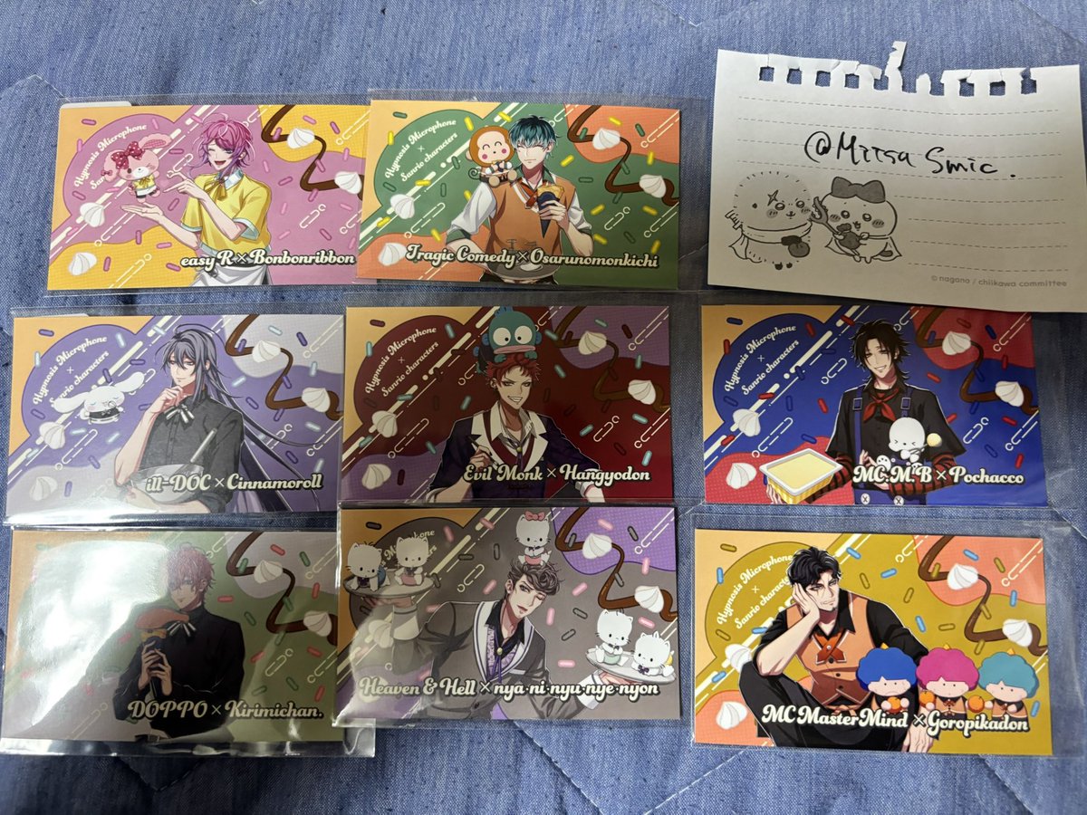 MitsuSmic's tweet photo. 【交換】ヒプノシスマイク　サンリオ　ヒプマイ　ディッパーダン　特典
譲→乱数、寂雷、独歩、簓、零、空却、獄
求→左馬刻>一郎
郵送にて
左馬刻をお譲り頂ける場合複数枚提供可能です。
大変難しいでしょうがお心あたりある方、何卒よろしくお願いします https://t.co/ZHdXR23w3Y