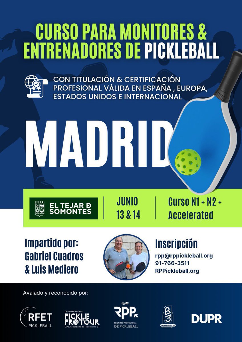 rppickleball's tweet photo. 🔺MADRID PICKLEBALL JUNIO🔺
CURSOS para MONITORES &amp; ENTRENADORES de PICKLEBALL https://t.co/9wBWS0DKfa avalados y reconocidos por el Comité de Pickleball de @RFETenis

🟢 13 &amp; 14 JUNIO 🟰 MADRID 
Club Tejar de Somontes, sede oficial del Pickle Pro Tour. 

https://t.co/9qq48L1IrB https://t.co/tevBLJJWPR