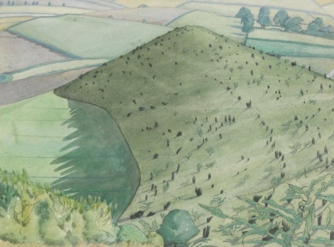 ahistoryinart's tweet photo. After WW1, John Nash lived at Gerrards Cross in Buckinghamshire in South East England and worked with his brother Paul on their war paintings at a farm near Chalfont St Peter. He relaxed by painting the local landscape including this picture of 'Kop Hill, Princes Risborough.' https://t.co/bQCWzwTpzX
