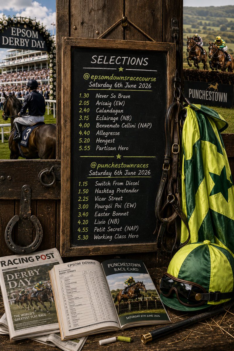 almarron's tweet photo. Morning folks! It's Derby day @EpsomRacecourse and action here at home from @punchestownrace. 

Aidan O Brien looking to win a 12th Derby &amp; Benvenuto Cellini is drawn in stall 12. 🤞

Any likes/reposts or follows much appreciated as always ✅️ 

Selections posted below ⏬️⏬️ https://t.co/0b6kjuN0L0
