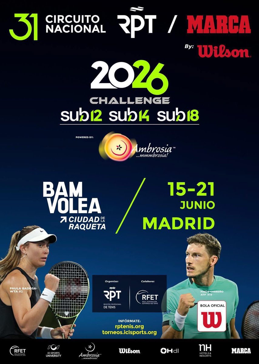 rptenis's tweet photo. CIERRE MADRID: Sub12, Sub14 &amp; Sub18‼️CIERRE INSCRIPCIONES Lunes 8 de Junio a las 21h para @ciudadraqueta del 31° Circuito Nacional @rptenis @MarcaTMF by @WilsonTenisEsp powered by Ambrosía🎾 @RFETenis🎾 
No te quedes fuera: https://t.co/8czDRqJFiH &amp; Cursos para Entrenadores RPT https://t.co/KcILcYoy5m