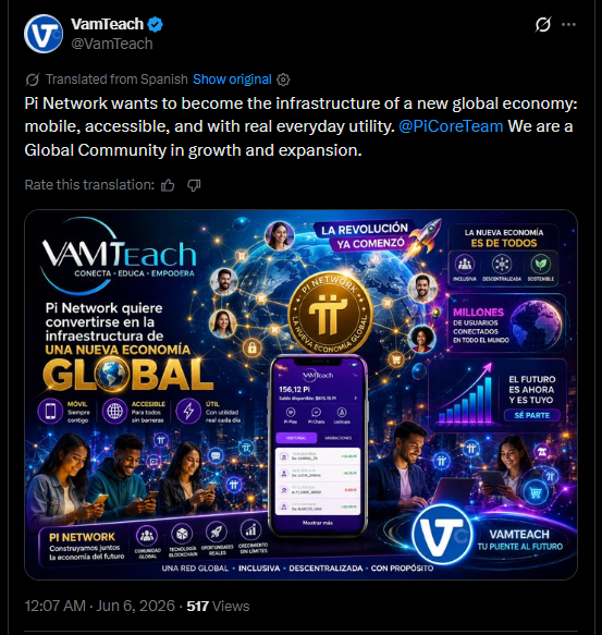 Inter_Saigon's tweet photo. PI NETWORK HƯỚNG ĐẾN XÂY DỰNG CƠ SỞ HẠ TẦNG KINH TẾ WEB3 DI ĐỘNG TOÀN CẦU.

Pi Network tự định vị mình là cơ sở hạ tầng cho một nền kinh tế toàn cầu mới với khả năng truy cập di động, tiện ích thực tế và một cộng đồng toàn cầu đang phát triển nhanh chóng.

Pi Network một lần nữa thu hút sự chú ý trong cộng đồng tiền điện tử và web3 sau khi một tuyên bố được chia sẻ bởi @VamTeach nhấn mạnh tầm nhìn dài hạn của dự án là trở thành cơ sở hạ tầng cho một nền kinh tế toàn cầu mới. Thông điệp nhấn mạnh rằng Pi Network hướng đến việc cung cấp một hệ thống di động, dễ tiếp cận và có khả năng hỗ trợ các tiện ích thực tế hàng ngày.

Tuyên bố này cũng củng cố ý tưởng rằng Pi Network là một cộng đồng toàn cầu đang trong giai đoạn tăng trưởng và mở rộng liên tục, khơi dậy những cuộc thảo luận mới trong hệ sinh thái Picoin về sứ mệnh rộng lớn hơn và định hướng tương lai của nó.

Xây dựng cơ sở hạ tầng cho nền kinh tế toàn cầu mới
Thông điệp cốt lõi được chia sẻ bởi @VamTeach tập trung vào tham vọng của Pi Network trong việc đóng vai trò là cơ sở hạ tầng nền tảng cho một loại hình kinh tế toàn cầu mới.

Khác với các hệ thống tài chính truyền thống phụ thuộc nhiều vào các tổ chức tập trung, Pi Network đang định vị mình trong phong trào web3 , nơi sự tham gia kỹ thuật số và quyền truy cập phi tập trung đóng vai trò trung tâm.

Tầm nhìn này đề xuất một hệ thống trong đó người dùng không chỉ là người tiêu dùng mà còn là những người tham gia tích cực vào hệ sinh thái.

Bằng cách xây dựng cơ sở hạ tầng thay vì chỉ các ứng dụng hoặc token, Pi Network hướng đến việc hỗ trợ một loạt các hoạt động kinh tế kỹ thuật số.

Điều này bao gồm các khoản thanh toán, dịch vụ kỹ thuật số và các ứng dụng do cộng đồng phát triển hoạt động trong một hệ sinh thái thống nhất.

Ưu tiên thiết bị di động và khả năng truy cập là nguyên tắc cốt lõi.
Một trong những khía cạnh quan trọng của thông điệp là nhấn mạnh đến khả năng truy cập trên thiết bị di động.

Thiết kế ưu tiên thiết bị di động đã trở thành xu hướng chủ đạo trong việc áp dụng công nghệ toàn cầu, đặc biệt là ở các thị trường mới nổi.

Việc Pi Network tập trung vào khả năng truy cập trên thiết bị di động cho thấy ý định tiếp cận những người dùng có thể không có quyền truy cập vào các hệ thống blockchain truyền thống dựa trên máy tính để bàn.

Cách tiếp cận này giúp giảm bớt rào cản gia nhập và cho phép sự tham gia rộng rãi hơn vào hệ sinh thái.

Bằng cách ưu tiên tính khả dụng trên thiết bị di động, Pi Network hướng đến xu hướng sử dụng internet toàn cầu, nơi điện thoại thông minh là cổng chính để truy cập các dịch vụ kỹ thuật số.

Khả năng tiếp cận này được coi là yếu tố thiết yếu để xây dựng một cộng đồng toàn cầu quy mô lớn.

Tính hữu dụng thực tế hàng ngày như một mục tiêu dài hạn
Một yếu tố quan trọng khác được nhấn mạnh trong tuyên bố là sự tập trung vào tính hữu dụng thực tế trong cuộc sống hàng ngày.

Trong bối cảnh hệ sinh thái blockchain và tiền điện tử, tính hữu dụng đề cập đến cách thức các tài sản và nền tảng kỹ thuật số được sử dụng trong các tình huống thực tế, đời sống thực.

Pi Network hướng đến việc vượt ra khỏi những trường hợp sử dụng mang tính suy đoán và thay vào đó hỗ trợ các ứng dụng mang lại giá trị thiết thực cho người dùng.

Điều này có thể bao gồm thanh toán, dịch vụ kỹ thuật số, thị trường trực tuyến, hệ thống nhận dạng và các ứng dụng dựa trên cộng đồng.

Việc nhấn mạnh vào tính hữu dụng thực tế cho thấy một chiến lược dài hạn tập trung vào việc áp dụng hơn là các hoạt động thị trường ngắn hạn.

Các hệ sinh thái hướng đến tiện ích thường được coi là bền vững hơn vì chúng dựa trên việc sử dụng chứ không phải đầu cơ.

Một cộng đồng toàn cầu đang phát triển
Thông điệp cũng nhấn mạnh rằng Pi Network là một cộng đồng toàn cầu đang trong giai đoạn phát triển và mở rộng.

Cộng đồng là một trong những yếu tố quan trọng nhất trong bất kỳ hệ sinh thái blockchain nào.

Một lượng lớn người dùng năng động có thể hỗ trợ phát triển ứng dụng, hoạt động giao dịch và sự tham gia vào hệ sinh thái.

Mô hình hoạt động dựa trên cộng đồng của Pi Network là một phần cốt lõi trong quá trình phát triển của nó kể từ những giai đoạn đầu.

Khi hệ sinh thái mở rộng trên toàn cầu, sự đa dạng và quy mô tham gia cũng ngày càng tăng.

Phạm vi toàn cầu này được xem là một lợi thế quan trọng để xây dựng một nền kinh tế số được áp dụng rộng rãi.

Vai trò của sự tham gia phi tập trung
Trong các hệ thống web3, sự tham gia phi tập trung là một nguyên tắc cốt lõi.

Người dùng đóng góp cho mạng lưới không chỉ bằng cách sử dụng nó mà còn bằng cách giúp duy trì và mở rộng nó.

Cấu trúc của Pi Network khuyến khích người dùng tham gia vào các hoạt động trong hệ sinh thái, góp phần vào sự phát triển chung của mạng lưới.

Điều này bao gồm việc tham gia vào các ứng dụng, sáng kiến ​​cộng đồng và quy trình xác thực mạng lưới.

Ý tưởng về một nền kinh tế do cộng đồng vận hành phản ánh sự chuyển dịch khỏi các nền tảng tập trung truyền thống.

Thay vào đó, giá trị được tạo ra và phân bổ giữa các bên tham gia trong hệ sinh thái.

Định vị trong bối cảnh Web3
Tầm nhìn của Pi Network đặt nó trong bối cảnh phong trào web3 rộng lớn hơn, tập trung vào phi tập trung hóa, quyền sở hữu của người dùng và định danh kỹ thuật số.

Hệ sinh thái Web3 hướng đến việc định nghĩa lại cách người dùng tương tác với các nền tảng kỹ thuật số bằng cách trao cho họ nhiều quyền kiểm soát và tham gia hơn.

Bằng cách định vị mình như một cơ sở hạ tầng cho nền kinh tế toàn cầu, Pi Network đang cố gắng vượt ra khỏi phạm vi của một dự án blockchain đơn thuần.

Thay vào đó, nó hướng đến việc trở thành nền tảng cơ bản cho hoạt động kinh tế kỹ thuật số.

Điều này bao gồm việc hỗ trợ các nhà phát triển, người dùng và doanh nghiệp trong một hệ sinh thái thống nhất.

Những thách thức trong việc xây dựng cơ sở hạ tầng toàn cầu
Mặc dù tầm nhìn đầy tham vọng, việc xây dựng cơ sở hạ tầng toàn cầu vẫn đi kèm với những thách thức đáng kể.

Một trong những thách thức chính là đạt được sự chấp nhận rộng rãi trên các khu vực và nhóm người dùng khác nhau.

Một thách thức khác là đảm bảo các ứng dụng được xây dựng trong hệ sinh thái này mang lại giá trị nhất quán và có ý nghĩa.

Chỉ riêng cơ sở hạ tầng thôi là chưa đủ, cần có sự sử dụng tích cực và sự tham gia của các nhà phát triển.

Để duy trì tăng trưởng dài hạn cần có sự đổi mới liên tục và sự hỗ trợ từ hệ sinh thái.

Ngoài ra, sự cạnh tranh từ các nền tảng blockchain khác càng làm tăng thêm độ phức tạp trong việc đạt được vị thế thống trị toàn cầu.

Tầm quan trọng của phát triển hệ sinh thái
Phát triển hệ sinh thái là yếu tố then chốt để biến cơ sở hạ tầng thành tiện ích thực tiễn.

Nếu thiếu các ứng dụng, cơ sở hạ tầng sẽ không được tận dụng tối đa.

Thành công của Pi Network phụ thuộc vào việc nó có thể thu hút các nhà phát triển và khuyến khích việc tạo ra ứng dụng hiệu quả đến mức nào.

Khi càng có nhiều ứng dụng được giới thiệu, hệ sinh thái càng trở nên hữu ích và có giá trị hơn đối với người dùng.

Điều này tạo ra một vòng tuần hoàn, trong đó việc sử dụng thúc đẩy sự phát triển, và sự phát triển lại thúc đẩy việc sử dụng nhiều hơn nữa.

Các chu kỳ như vậy rất cần thiết cho sự phát triển bền vững của hệ sinh thái trong môi trường web3.

Kinh tế di động và hòa nhập kỹ thuật số
Việc chú trọng đến khả năng truy cập trên thiết bị di động cũng liên quan đến các chủ đề rộng hơn về hòa nhập kỹ thuật số.

Ở nhiều nơi trên thế giới, thiết bị di động là phương tiện chính hoặc duy nhất để truy cập internet.

Bằng cách tập trung vào cơ sở hạ tầng ưu tiên thiết bị di động, Pi Network hướng đến việc tiếp cận những người dùng thường bị loại trừ khỏi các hệ thống tài chính truyền thống.

Cách tiếp cận này ủng hộ ý tưởng về một nền kinh tế kỹ thuật số toàn cầu toàn diện hơn.

Điều này cũng giúp tăng đáng kể số lượng người dùng tiềm năng, yếu tố quan trọng cho khả năng mở rộng mạng lưới.

Tầm nhìn dài hạn của mạng Pi
Thông điệp tổng thể phản ánh tầm nhìn dài hạn của Pi Network với tư cách là nhà cung cấp cơ sở hạ tầng kỹ thuật số toàn cầu.

Thay vì chỉ tập trung vào các kết quả ngắn hạn, dự án này dường như đang hướng tới một hệ thống kinh tế rộng lớn hơn.

Điều này bao gồm khả năng truy cập di động, tiện ích thực tế và sự tham gia của cộng đồng toàn cầu.

Tầm nhìn như vậy đòi hỏi sự phát triển bền vững, sự tham gia của người dùng và sự mở rộng hệ sinh thái.

Nếu thành công, điều này có thể giúp Pi Network trở thành một đối thủ đáng gờm trong nền kinh tế web3 đang phát triển.

Phần kết luận
Thông cáo được chia sẻ bởi @VamTeach nhấn mạnh tham vọng của Pi Network trở thành cơ sở hạ tầng cho một nền kinh tế toàn cầu mới được xây dựng dựa trên khả năng truy cập di động, tiện ích thực tế và sự tham gia của cộng đồng toàn cầu.

Mặc dù vẫn còn những thách thức trong việc áp dụng và phát triển hệ sinh thái, định hướng này phản ánh sự tập trung rõ ràng vào tăng trưởng dài hạn và các trường hợp sử dụng thực tiễn.

Khi Pi Network tiếp tục phát triển, sự thành công của nó sẽ phụ thuộc vào việc nó có thể chuyển đổi tầm nhìn của mình thành các ứng dụng thực tế và sự tham gia toàn cầu một cách hiệu quả như thế nào.

Theo Victoria Hale