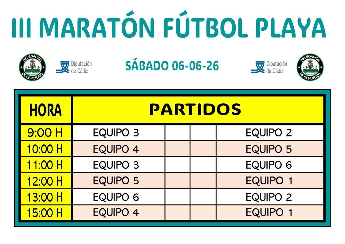 DxtesPtoserrano's tweet photo. ⚽⛱️ III MARATÓN FÚTBOL PLAYA INFANTIL ⚽⛱️

Esta mañana, sábado 6 de junio a partir de las 9:00 H. da comienzo el III Maratón de Fútbol Playa en categoría Infantil.

A continuación os dejamos como han quedado los grupos y el calendario de partidos.

Suerte y a disfrutar chavales https://t.co/jVJMDA5GVi