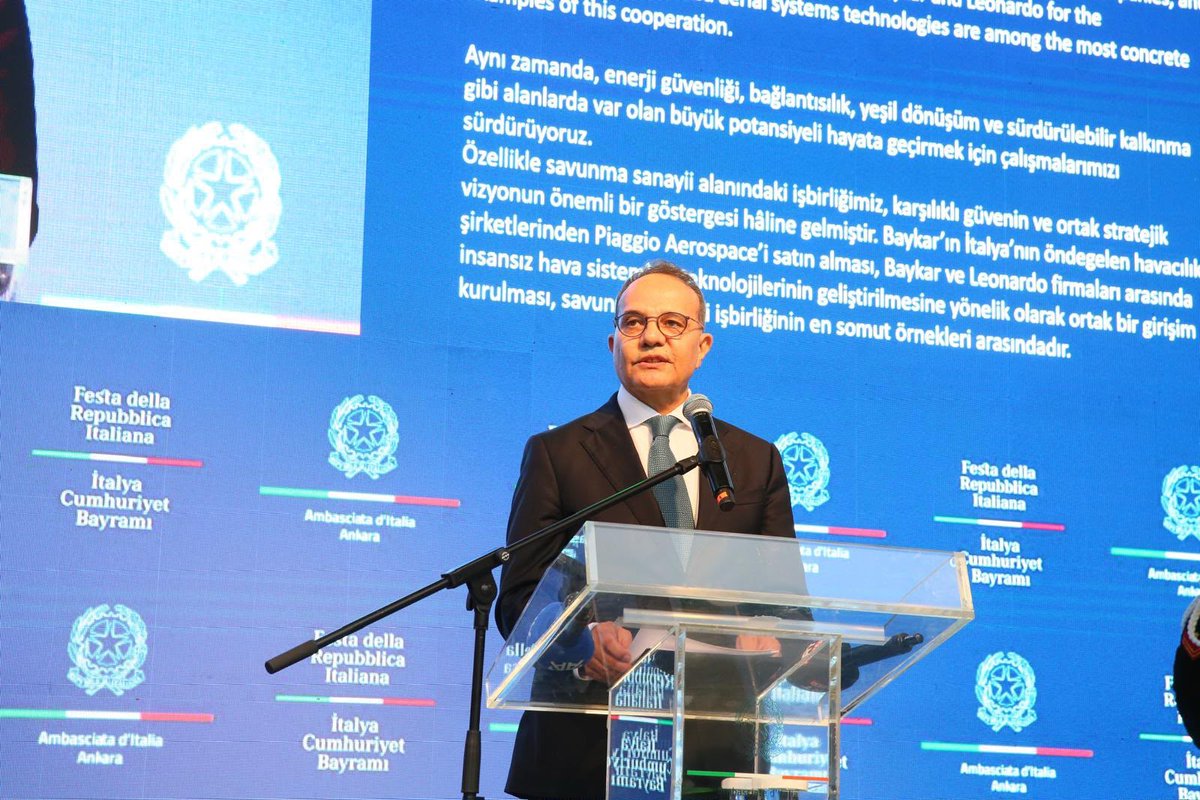 MFATurkiye's tweet photo. Deputy Minister and Director for EU Affairs Ambassador Mehmet Kemal Bozay made an address at the reception hosted by the Embassy of Italy in Ankara on the occassion of the Republic Day of Italy. https://t.co/PvGz7QNaMZ