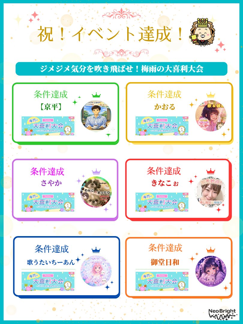 neobright_liver's tweet photo. ライブコミュニケーションアプリ
『Palmu』の『ジメジメ気分を吹き飛ばせ！梅雨の大喜利大会』『みんなでお祝い HALF-YEAR ANNIVERSARY -11月デビューB-』
で条件達成をしたライバーさんを表彰します🥳📷

達成者の一覧は添付画像でチェックしてください📷

#ライバー事務所
#NeoBright https://t.co/EK8bdQmZLC