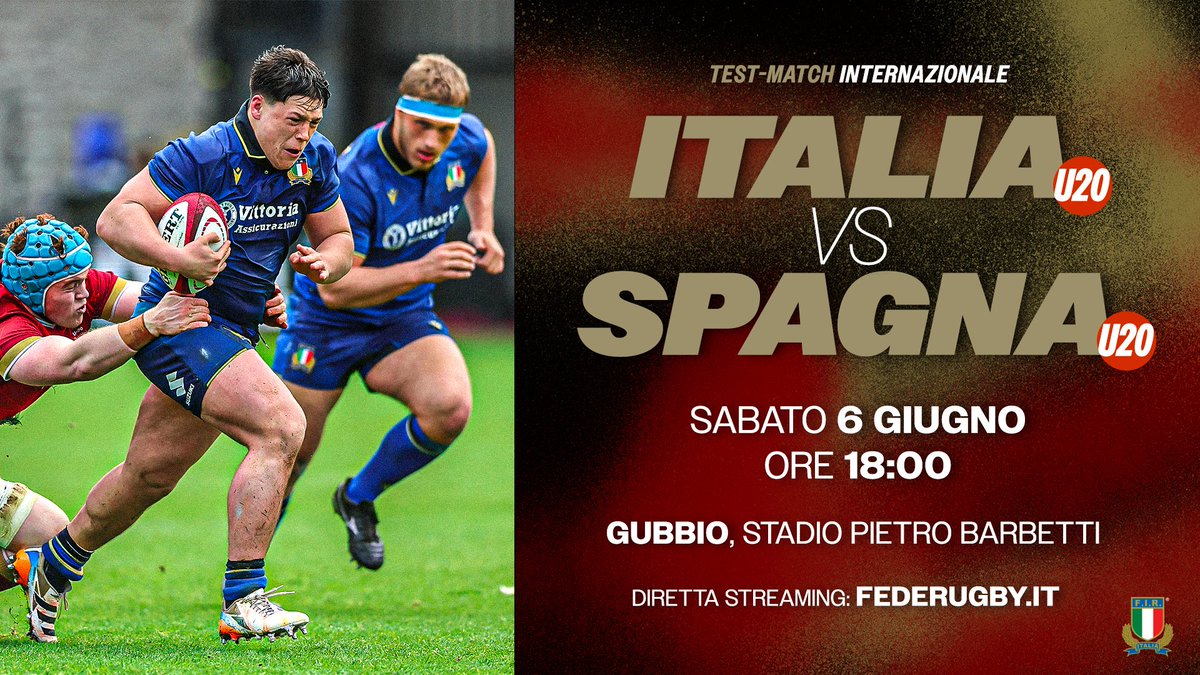Federugby's tweet photo. #ITAvSPA U20 🇮🇹🇪🇸

📍 Gubbio - Stadio Pietro Barbetti
🗓️ Sabato 6 Giugno
⏰ 18:00
🎟️ Biglietti in vendita: https://t.co/h455c1pP0C
📺 Diretta Streaming: https://t.co/YHL8qDbCoZ

#ItalRugbyU20 | #Insieme
#RugbyPassioneItaliana https://t.co/AF9AOJdvny