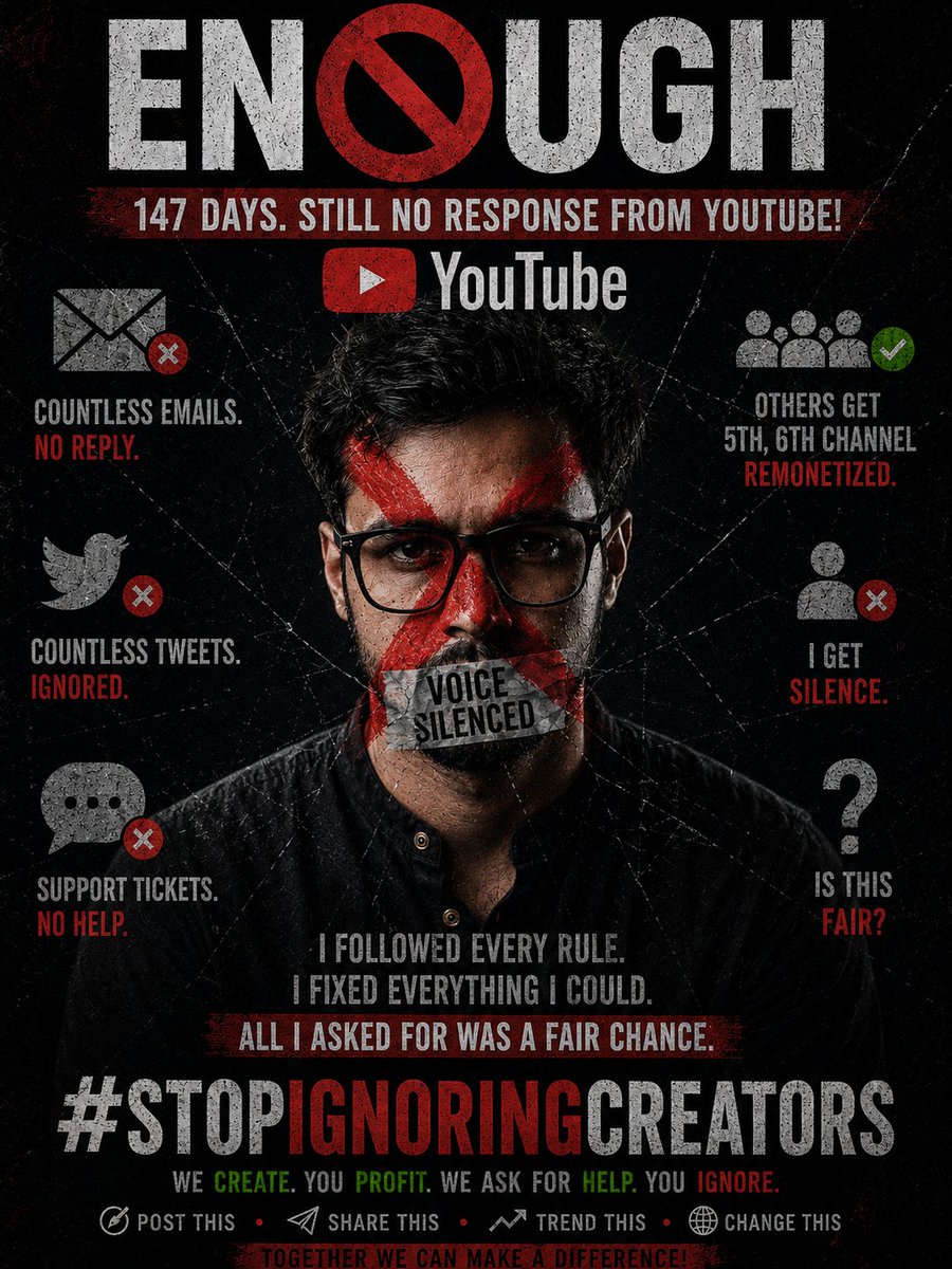 WavearOfficial's tweet photo. 147 days of absolute hell.

​Imagine doing everything right. You follow every single rule, you wait out the agonizing 90-day penalty, you strip your channel down, and you rebuild it from scratch. You play exactly by their rules. And your reward? @TeamYouTube lets a broken automated bot throw your life’s work in the trash without a second glance.

​But here is the truly sick part: when you politely beg for help—when you just ask for a real human being to look at your channel—they don't help you. They threaten you. Official support literally threatened to ban me from contacting them for 30 days just for asking why I was rejected. Then, they completely ghosted me.

​We are not just numbers on a spreadsheet. We are real people pouring our souls, our endless hours, and our mental health into this platform. To watch other people get their 5th or 6th channels magically fixed in days while I am left screaming into the void for 147 days is completely inhumane. It breaks you.

​You treat the creators who built your platform like absolute garbage. Stop hiding behind your bots. Stop threatening us for wanting a fair chance. I am exhausted and I am broken, but I refuse to be swept under the rug.