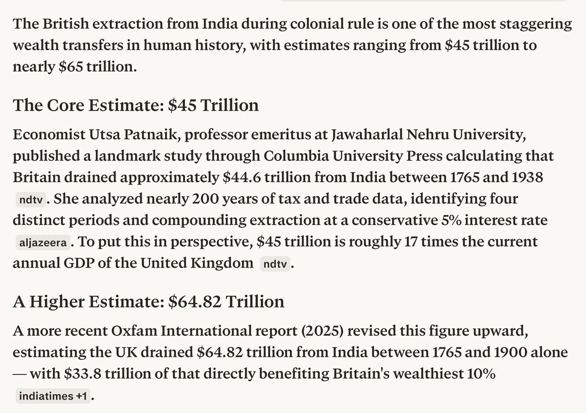 BQuickies35125's tweet photo. @magattew India was the richest country controlled 30% of world GDP before british came and sucked every ounce of gold, silver and blood from Indians to the tune of 45 trillion usd https://t.co/rJX0Sn0NTH