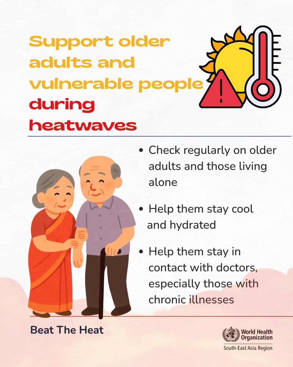 WHOSEARO's tweet photo. Exposure to extreme heat can be dangerous, especially for older adults and people living with chronic illnesses.
 
A simple phone call, a glass of water, or a quick visit can make a big difference. 💙
 
Check on those who may need extra support during heatwaves. 🌡️
 
#BeatTheHeat #HeatwaveSafety #HealthyAgeing #ClimateAndHealth #PublicHealth