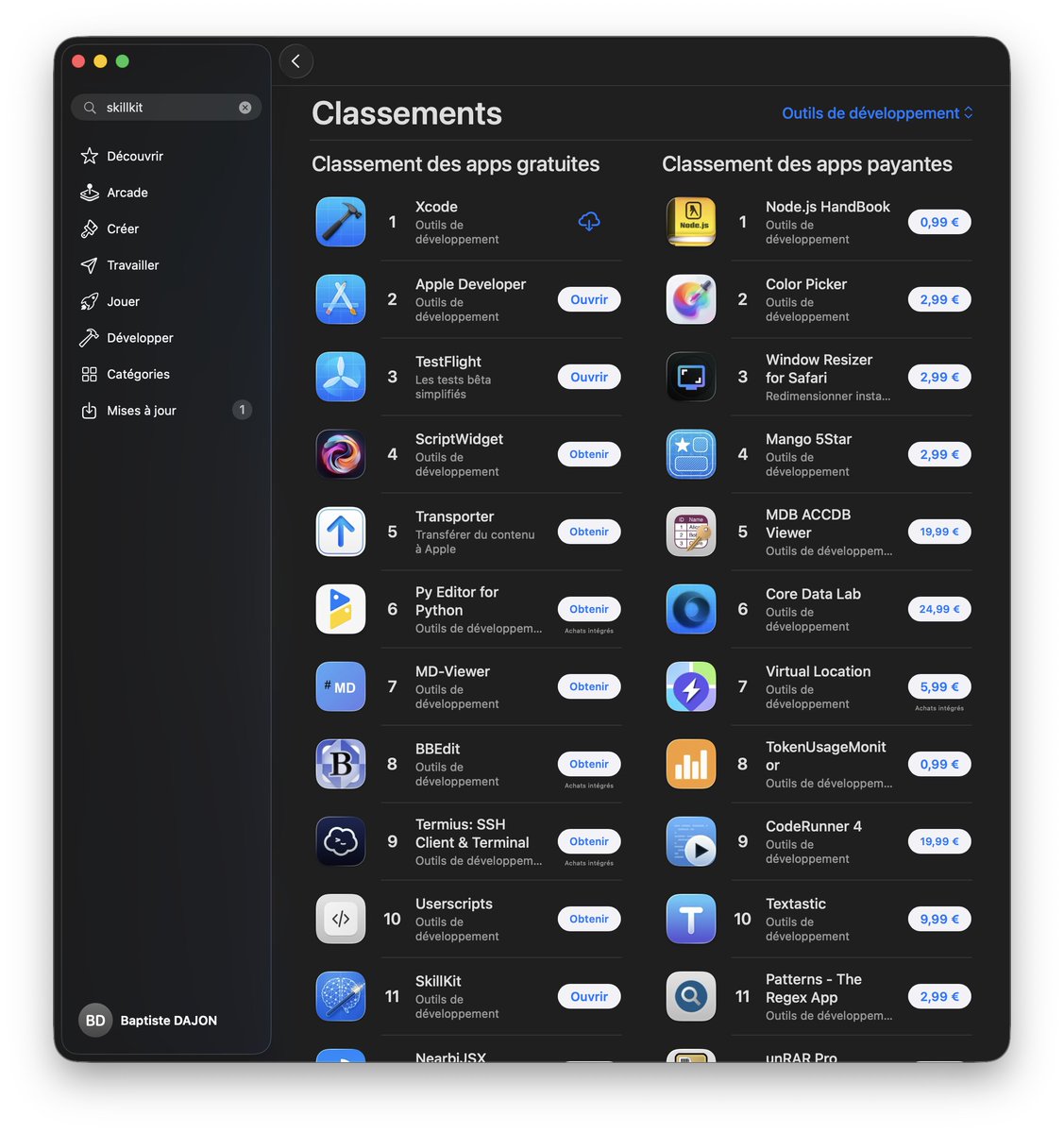 baptistedajon's tweet photo. SkillKit is #11 in Developer Tools on the Mac App Store 🎉

Still very weird to see my tiny indie app in the same list as Xcode.

Thank you to everyone who tried it 🙏

Back to improving it.
@Apple
#MacAppStore #IndieDev #SwiftUI #DeveloperTools #WWDC https://t.co/3d3w9UITkR