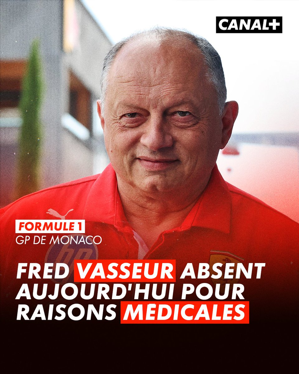 CanalplusF1's tweet photo. Ferrari a indiqué via un communiqué que Frédéric Vasseur serait absent du circuit aujourd'hui. Suite à des examens médicaux, le team principal de Ferrari est "sous observation dans un établissement médical local".

Nous lui souhaitons un prompt rétablissement ❤️

#F1 #MonacoGP https://t.co/lZdRB4fSrv