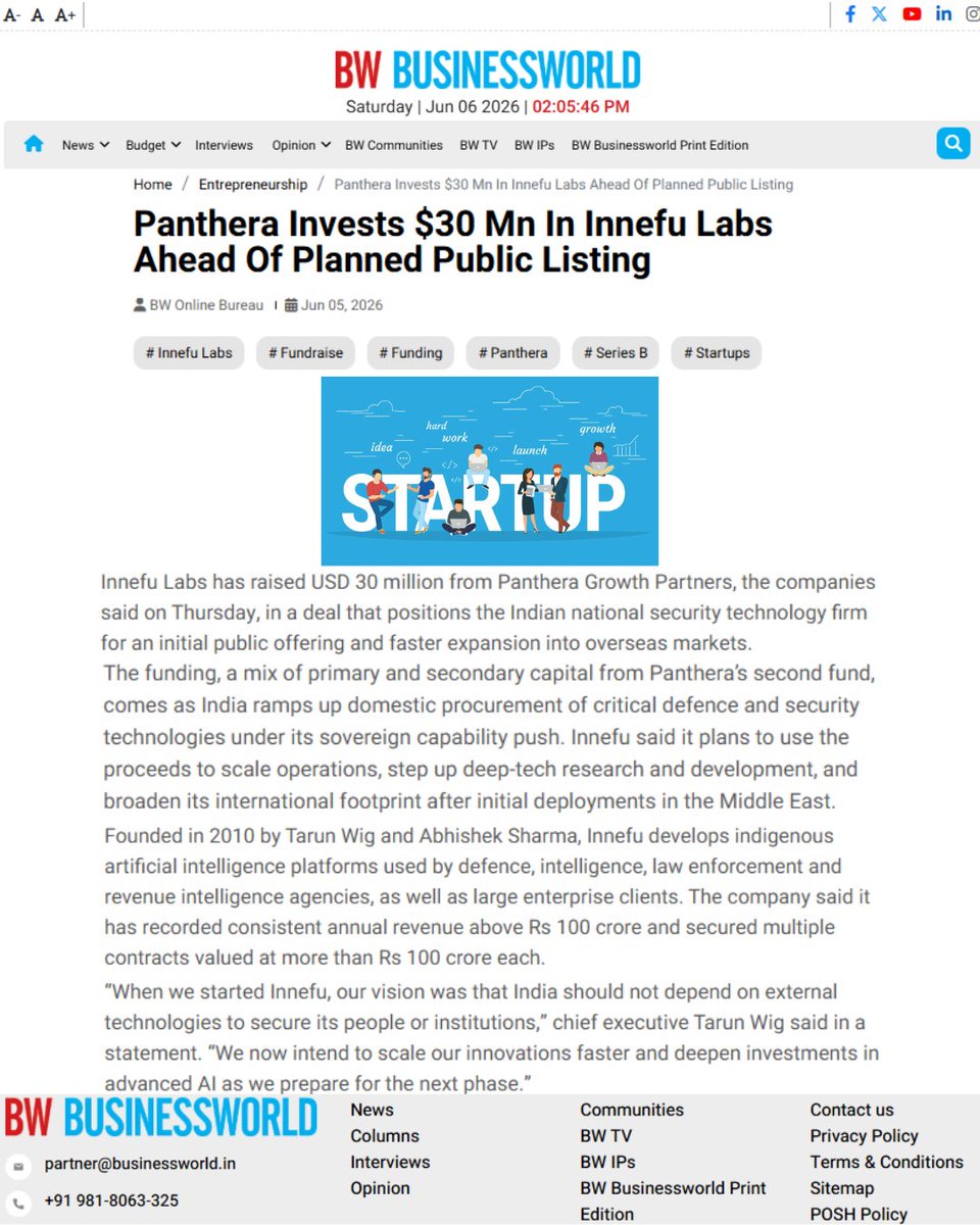 Innefu's tweet photo. BW Businessworld covers Innefu Labs raising USD 30 million from Panthera Growth Partners, ahead of a planned public listing. Sovereign AI for India's defense, intelligence &amp; national security.

🔗 https://t.co/jrw10quL7B

#BWBusinessworld #SeriesB #SovereignAI #MadeInIndia https://t.co/lZnuMBeGr1