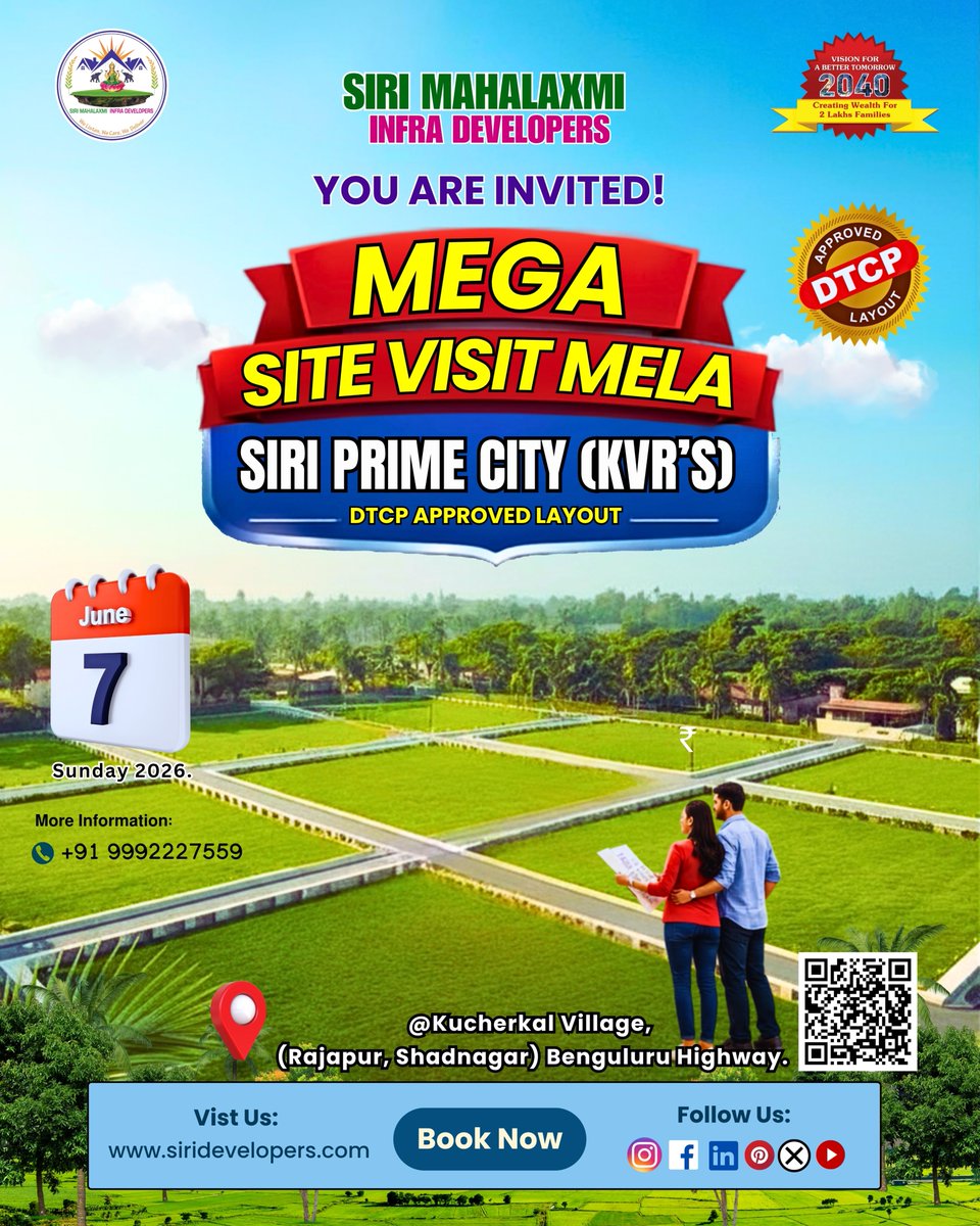 MahalaxmiSiri's tweet photo. 🏡 ఈ ఆదివారం సైట్ మేళాకు ఆహ్వానం!

SIRI PRIME CITY (KVR’s)
✅ DTCP Approved Layout
📍 కూచెర్కల్ గ్రామం, రాజాపూర్ మండలం, షాద్‌నగర్
🛣️ బెంగళూరు హైవేకు సమీపంలో

📞 మీ ప్లాట్‌ను ఈరోజే రిజర్వ్ చేసుకోండి.
📞 9992227559
🌐 https://t.co/dxj599hK5b

#SiriPrimeCity #KVRProjects #DTCP https://t.co/a4mMPTrUxF