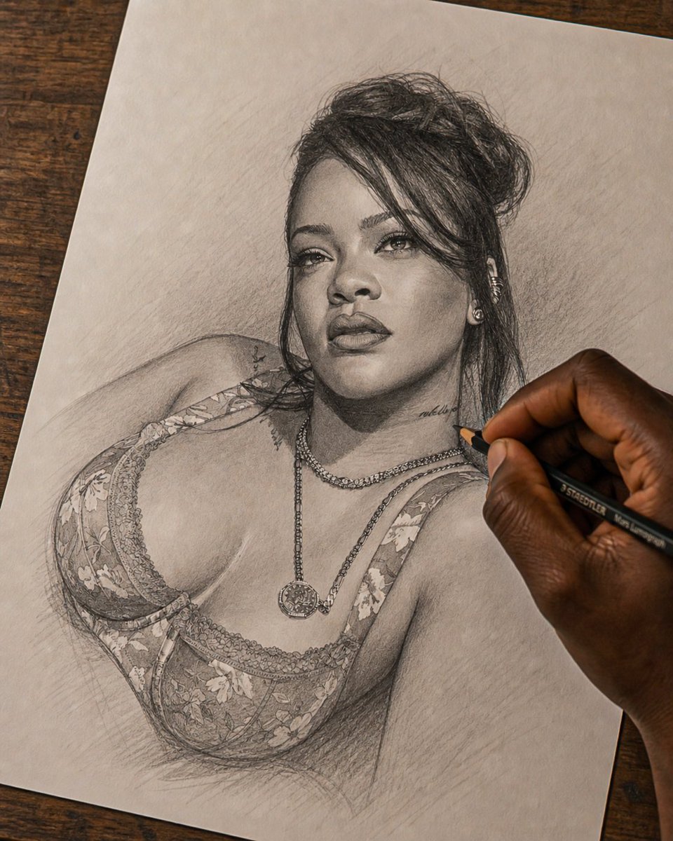 MSARTS159725's tweet photo. Queen energy on paper  Just finished this @rihanna portrait — the bad gal herself! From the fierce gaze to that iconic aura, poured my soul into every detail. From charcoal to confidence  Turning Rihanna into a masterpiece. This one took patience but the result? Worth every stroke. 
What your take on this master piece? #Rihanna #RihannaArt #PortraitDrawing