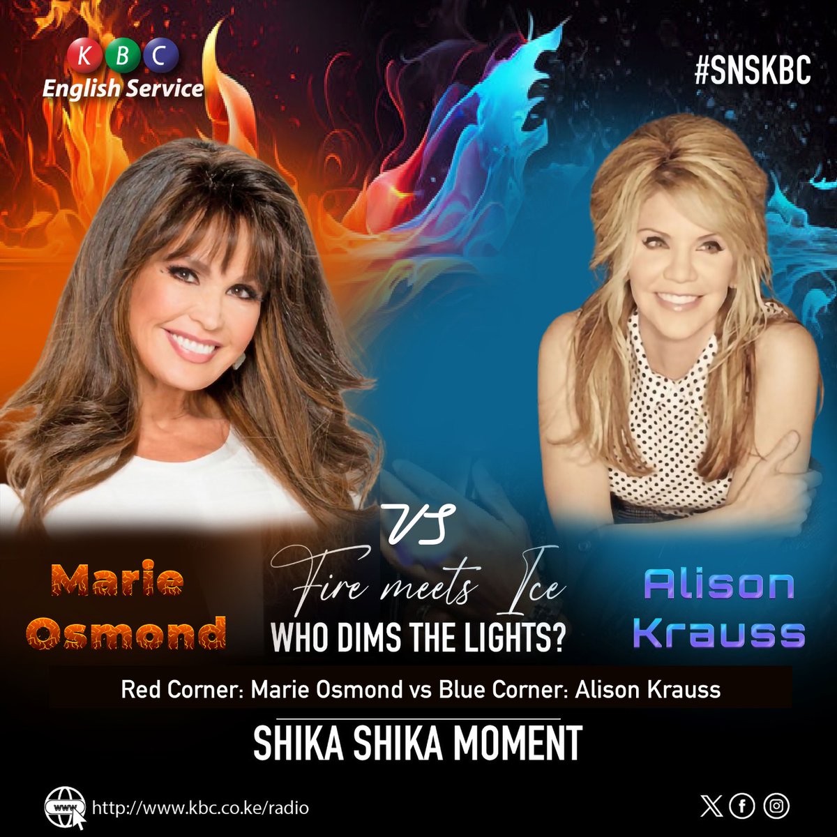 kbcenglish's tweet photo. Saturday Night Show SNS
Shika Shika Moment: Fire meets Ice. What is your love request? Who dims the lights @kbcenglish @johnkaranijk ? Red Corner: Marie Osmond vs Blue Corner: Alison Krauss. Listen live https://t.co/m41f56N1wS 
Goodtimes are back.
#snskbc https://t.co/Zf5twrvGcs