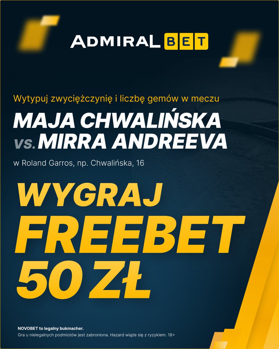 Admiralbetpl's tweet photo. 🔥 KONKURS NA FINAŁ ROLAND GARROS! #RolandGarros 🎾

𝐙𝐀𝐒𝐀𝐃𝐘:
✅ Zaobserwuj @Admiralbetpl
❤️ Zostaw serduszko pod postem i podaj dalej
✍️ Wytypuj zwyciężczynię i liczbę gemów w meczu MAJA CHWALIŃSKA - MIRRA ANDREEVA, np. Chwalińska, 16

➡️ Jeden użytkownik może oddać jeden typ.
➡️ Czas na oddanie typu do 15:00.
➡️ Freebet 50 PLN dla pierwszych trzech osób, które poprawnie wytypują!