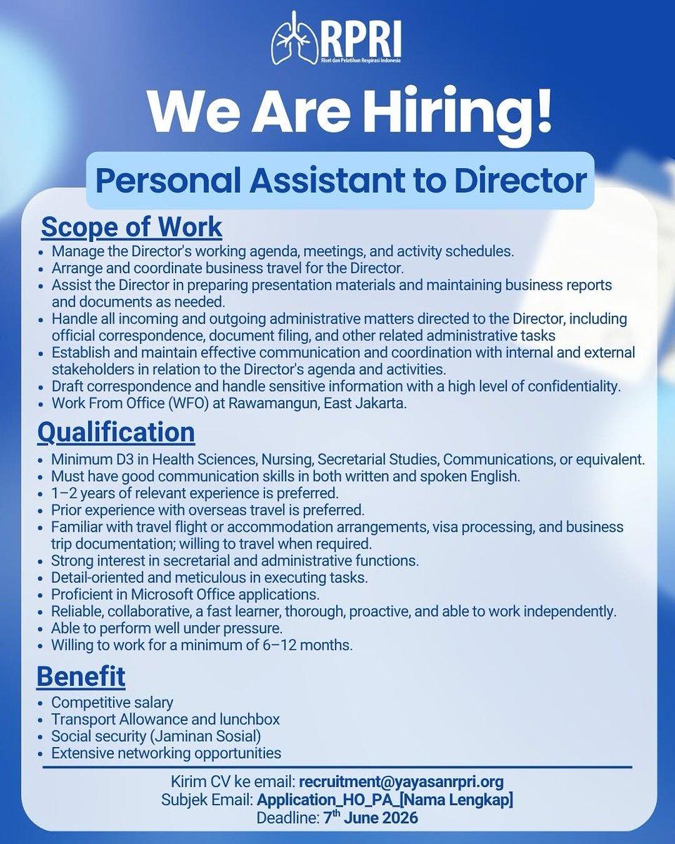 disiniloker's tweet photo. 📢 Info lowongan kerja (loker)/Magang/Intern

RPRI
🧑‍💻Personal Assistant to Director, Doctor Follow Up, Content Creator / Video Maker, Research Activities 
📍Jakarta Timur
🔗Kirim CV: recruitment@yayasanrpri.org
Subject: tertera diposter
⌛️7 Juni 2026

#disiniloker #disinimagang https://t.co/dDKTfx47pM