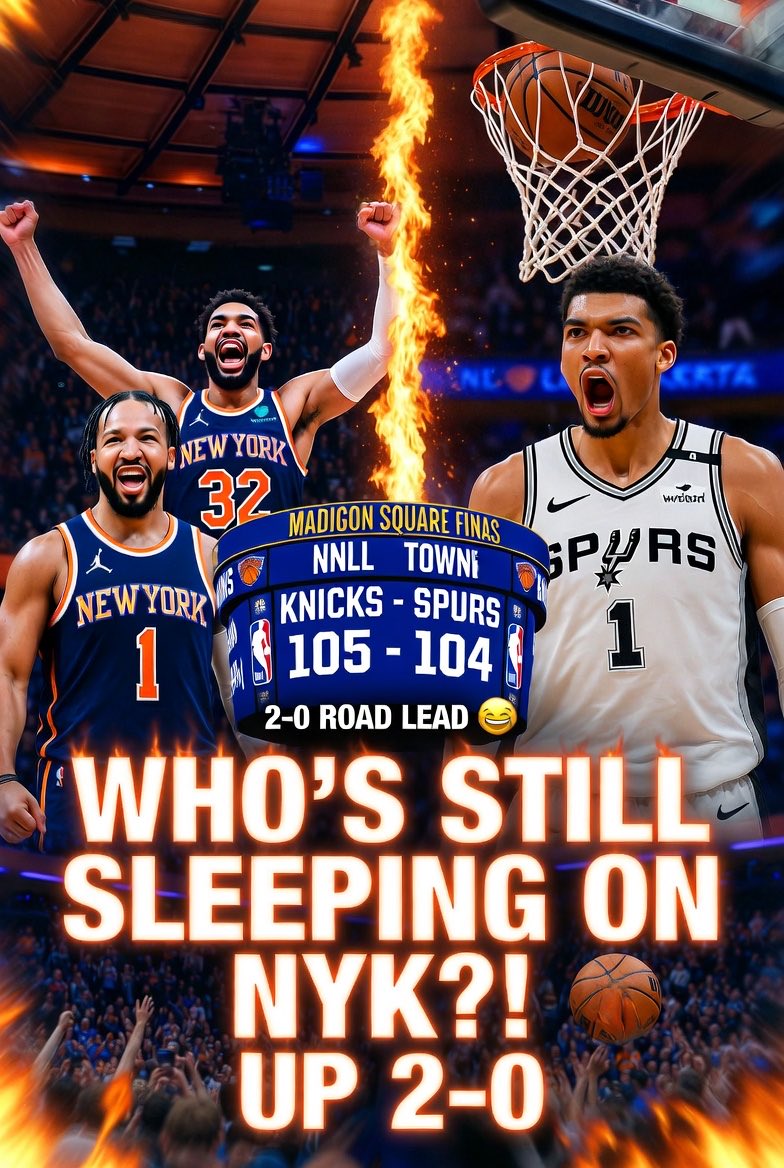 _jashandeep__'s tweet photo. 🔥 WHO’S STILL SLEEPING ON THE KNICKS?!

They just stole Game 2 in San Antonio on a Wemby miss — now UP 2-0 on the road 😤

Brunson &amp; KAT cooking.

Reply with your bold series prediction:
- Knicks in 5?
- Knicks in 6?
- Spurs comeback? 

#NBAFinals #Knicks #Wemby https://t.co/QqTrJu7x2x