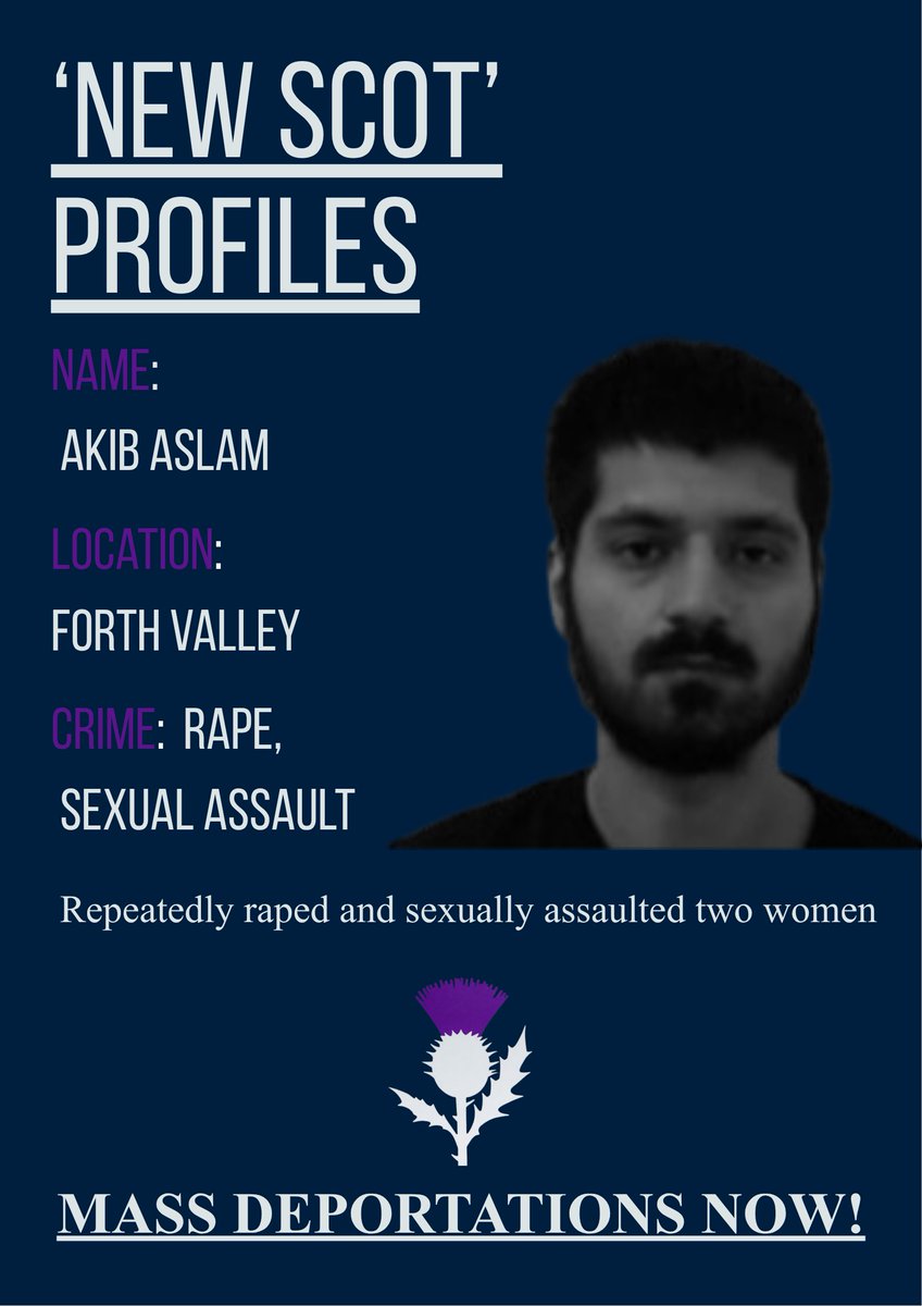 NewScotProfiles's tweet photo. 'New Scots' Profiles: Akib Aslam recently convicted of rape and sexual assault in Forth Valley. 

He repeatedly raped and sexually assaulted two women. 

He has a previous conviction for serious assault where he intentionally used his car as a weapon and gave his victim life changing injuries. For this he was given only eight months prison. 

We need Mass Deportations Now!