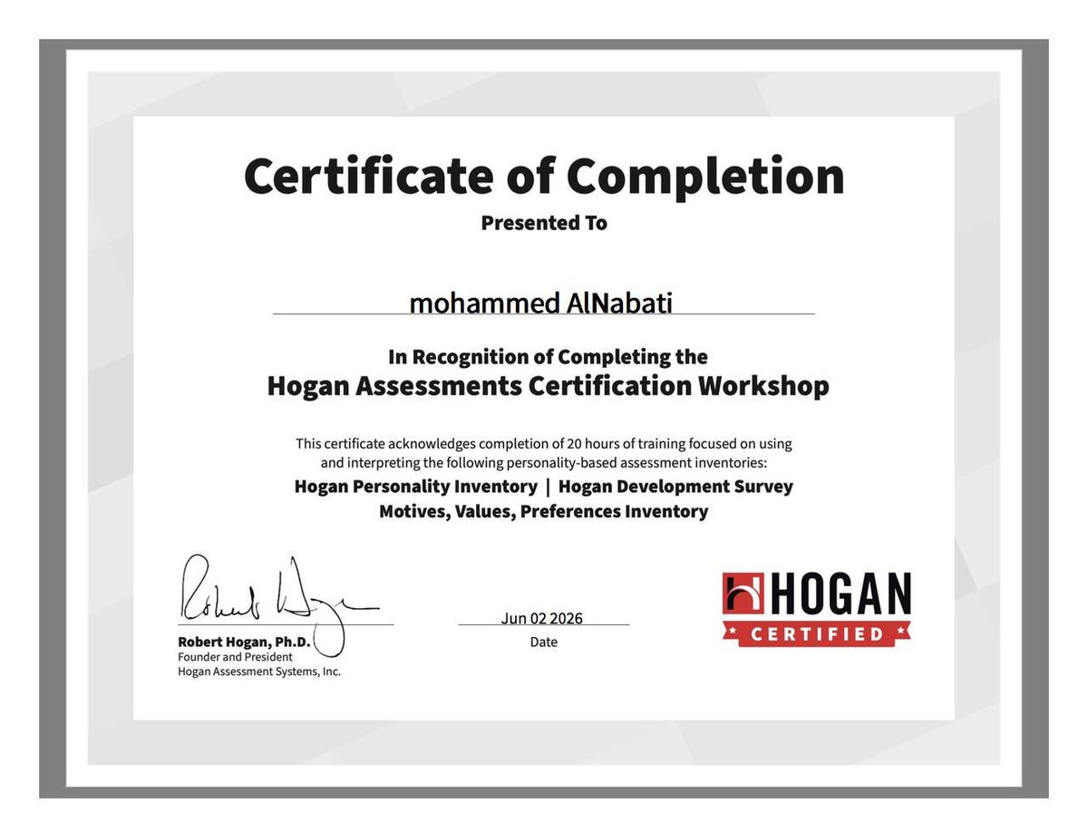 mtnabati's tweet photo. لله الحمد والمنة حصلت على شهادة Hogan Assessments Certification والتي تؤهلني لاستخدام وتفسير أدوات هوغان العالمية:
HPI, HDS &amp; MVPI
#HoganAssessments #LeadershipDevelopment #ExecutiveCoaching #TalentManagement #AssessmentCenter #LeadershipAssessment https://t.co/as8C34UdIW