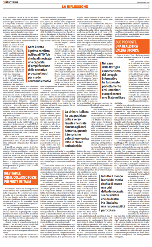 GiulioTerzi's tweet photo. "Dalla propaganda dei social ai titoli dei giornali"
Editoriale di Roger Abravanel per @ilriformista 
"Come l’informazione sta perdendo sé stessa, in particolare quella italiana e come Gaza è diventata il terreno chiave per il collasso delle notizie di qualità"
Il circolo virtuoso dell'informazione che diventa vizioso in tutto il mondo occidentale [...] l'Italia: alunno speciale che ha sempre peccato di preparazione [...] la rivoluzione digitale colpisce un malato già debole [...] il #MedioOriente: terreno perfetto per il collasso [...] inevitabile che il collasso fosse più forte dell'Italia [...] due proposte, una realistica l'altra utopica.
@FratellidItalia @fdieuropa @FDI_Parlamento @ecrgroup @europainitalia @nazione_futura @vocedelpatriota @GeopoliticalCen @Geopoliticainfo @ATA_Italia @GlobalCRL @theglobalnewsit @f_nirenstein @SecolodItalia1