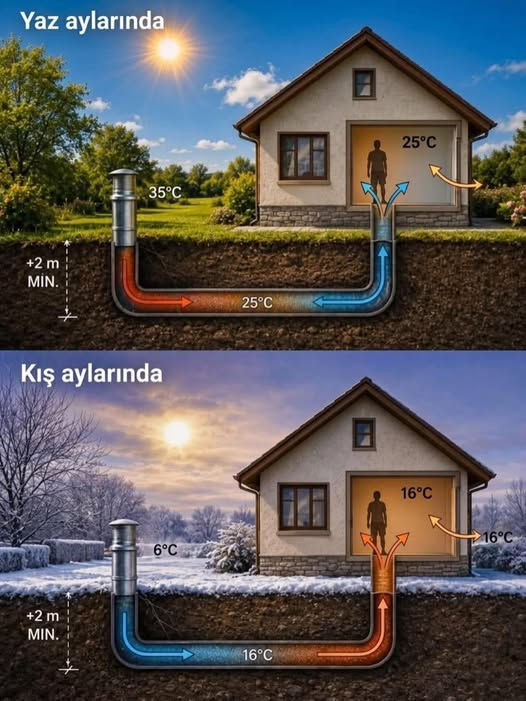 Dede38__'s tweet photo. Kombiyi, klimayı çöpe attıran o muazzam sistem! 
Yazın kavurucu sıcakta dışarısı 35 dereceyken evi elektrik harcamadan 25 dereceye düşürmek, kışın ise buz gibi havada evi bedavaya ısıtmak mümkün mü? Görseldeki gibi yerin sadece 2 metre altına boru döşeyerek doğanın kendi sıcaklığını kullananlar var.
​Sizce bu sistem Türkiye şartlarında yaygınlaşmalı mı, yoksa maliyeti astarından yüzünden pahalıya mı gelir?