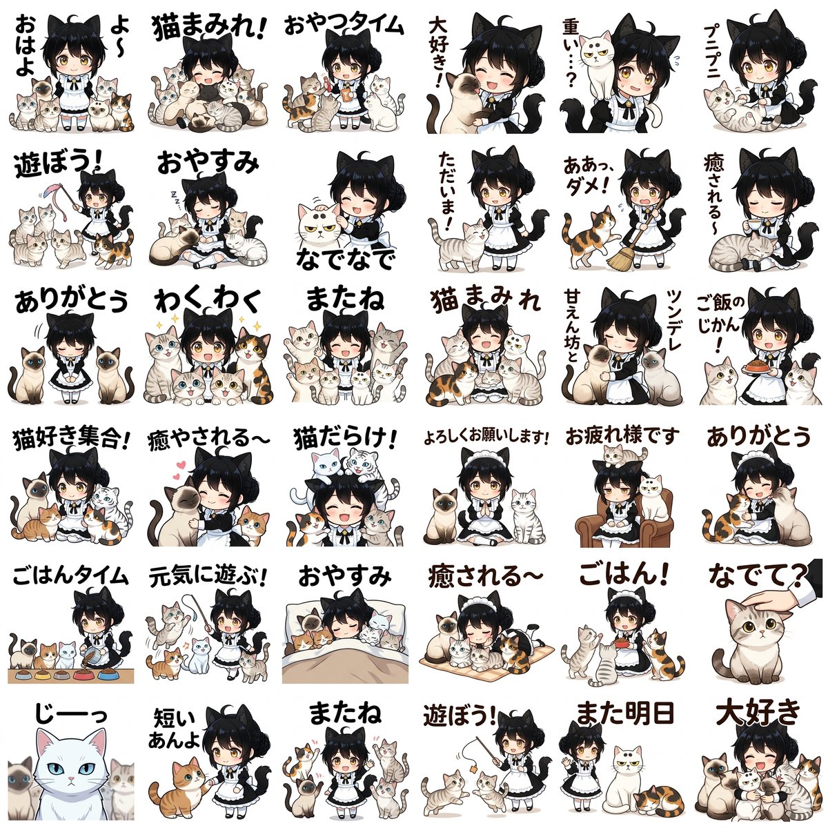 WiseOwl_Lab's tweet photo. 🦉梅雨スタンプに続くのは、『猫』！

いま、こんな按配です、、、。

テストショットはどんどん増える、、、。
まだ「16種」が定まっていません💦

ご意見プリーズ！

あ、ご意見いただいた中から、2つ試作してみましたよ！

・ごめん寝
・ニャルソック

あとは「猫吸い」「猫まみれ」「猫沼」あたりは採用候補かな～。