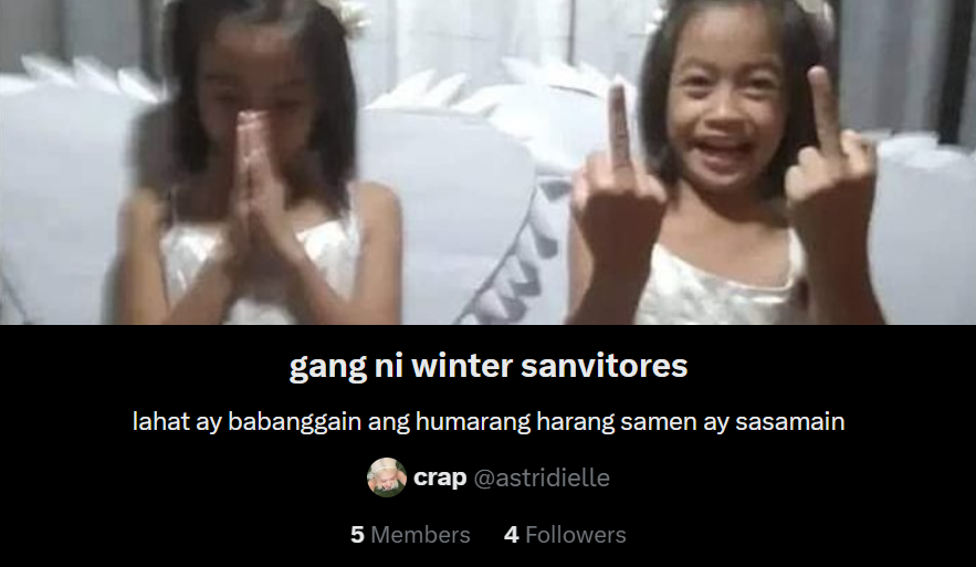 astridielle's tweet photo. wag na wag nyo binabangga si winter sanvitores https://t.co/BPu1FIVcxq