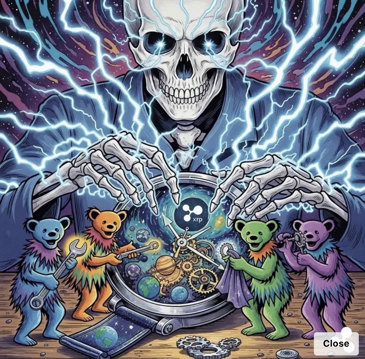 MONSTER_ART589_'s tweet photo. @Trisk_xrp Shoutout and huge thanks to @Trisk_xrp 🙌 Wow — this artwork is pure fire! The whole design, from the lightning and the cosmic clock to the little bears working away, is so cool and creative. Thank you so much for sending this over I love every part of it, and it means a lot. https://t.co/TPLW72Ac8P