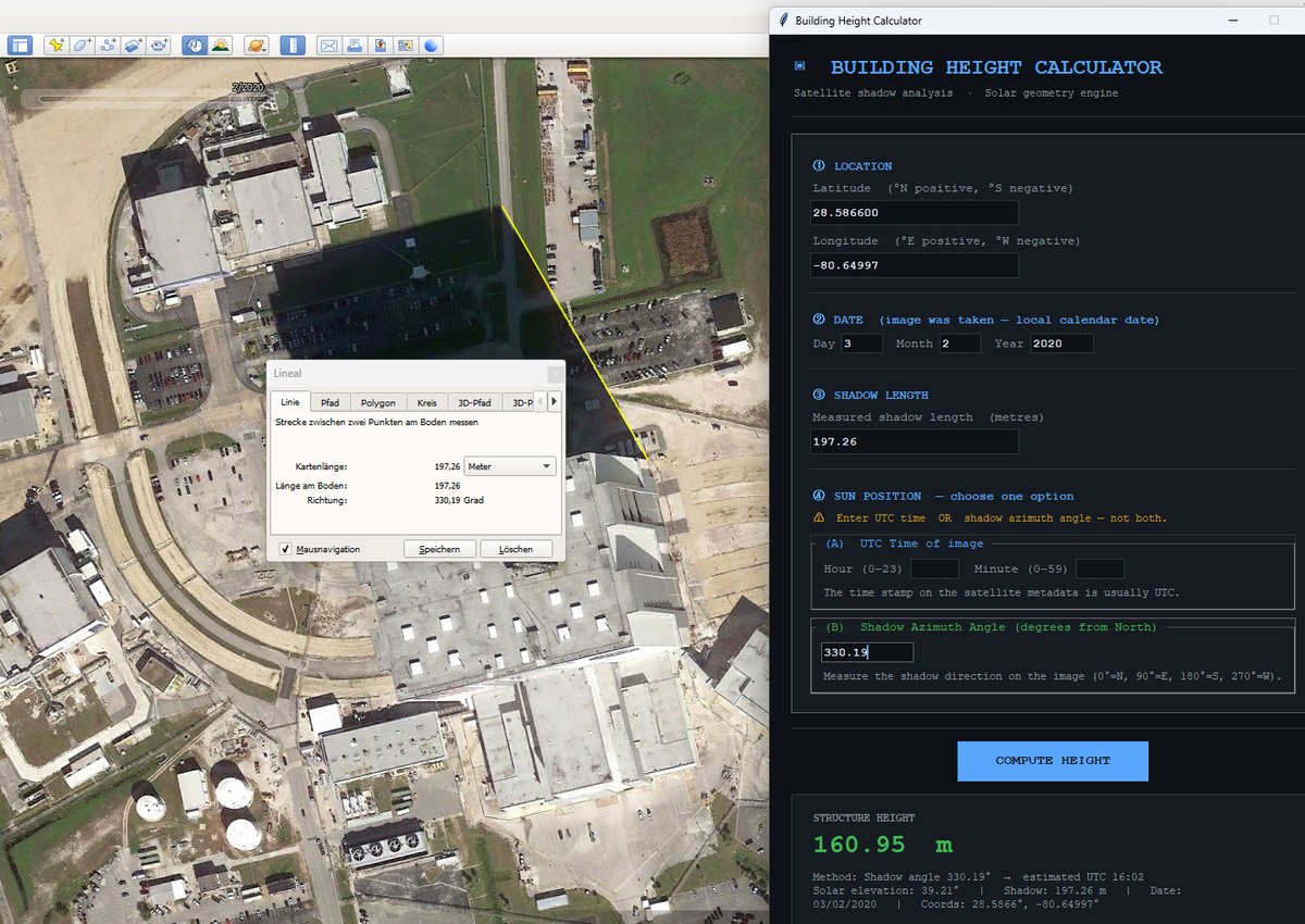 fab_hinz's tweet photo. Vibe-coded a tool that allows you to estimate building heights from satellite imagery. It uses location, date, and shadow length and even works  when you don’t know the exact time the image was taken. 

Code and quick tutorial below. https://t.co/UPw0ahMwU8