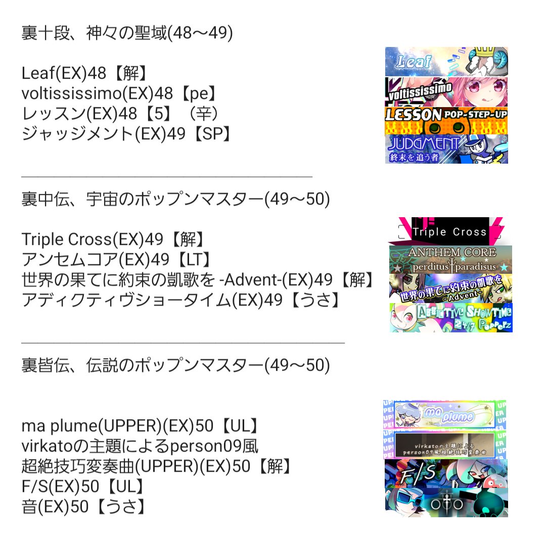 o_dit's tweet photo. #ポップン段位認定  裏段位Version3.1

え？罰150以下とか余裕じゃんwwと言う人の希望に応えて今回も裏段位持ってきました！

今回からは4曲なのでエクストラモードかタイムモード限定となります。エクストラの場合は４曲目にカテゴリを変更すれば通常プレーに戻ります。 https://t.co/OiMABgsTYN
