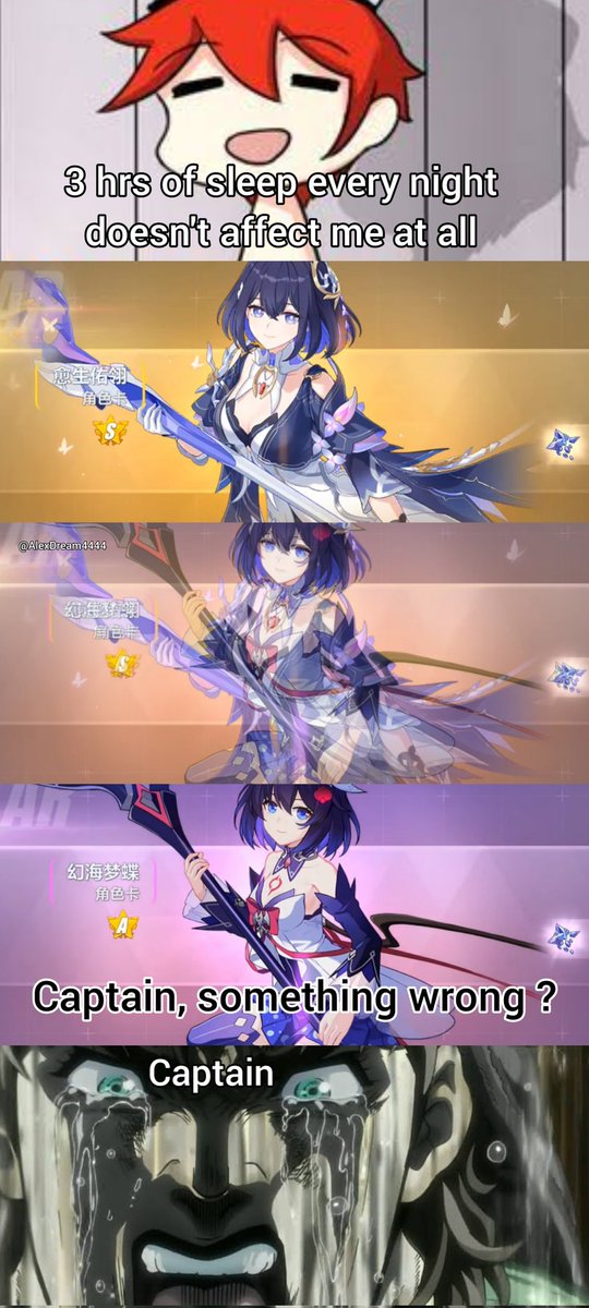 AlexDream4444's tweet photo. 3 hours of sleep every night doesn’t affect me.

*Press for full image.

#HonkaiImpact3rd https://t.co/r7EE1bcvYv