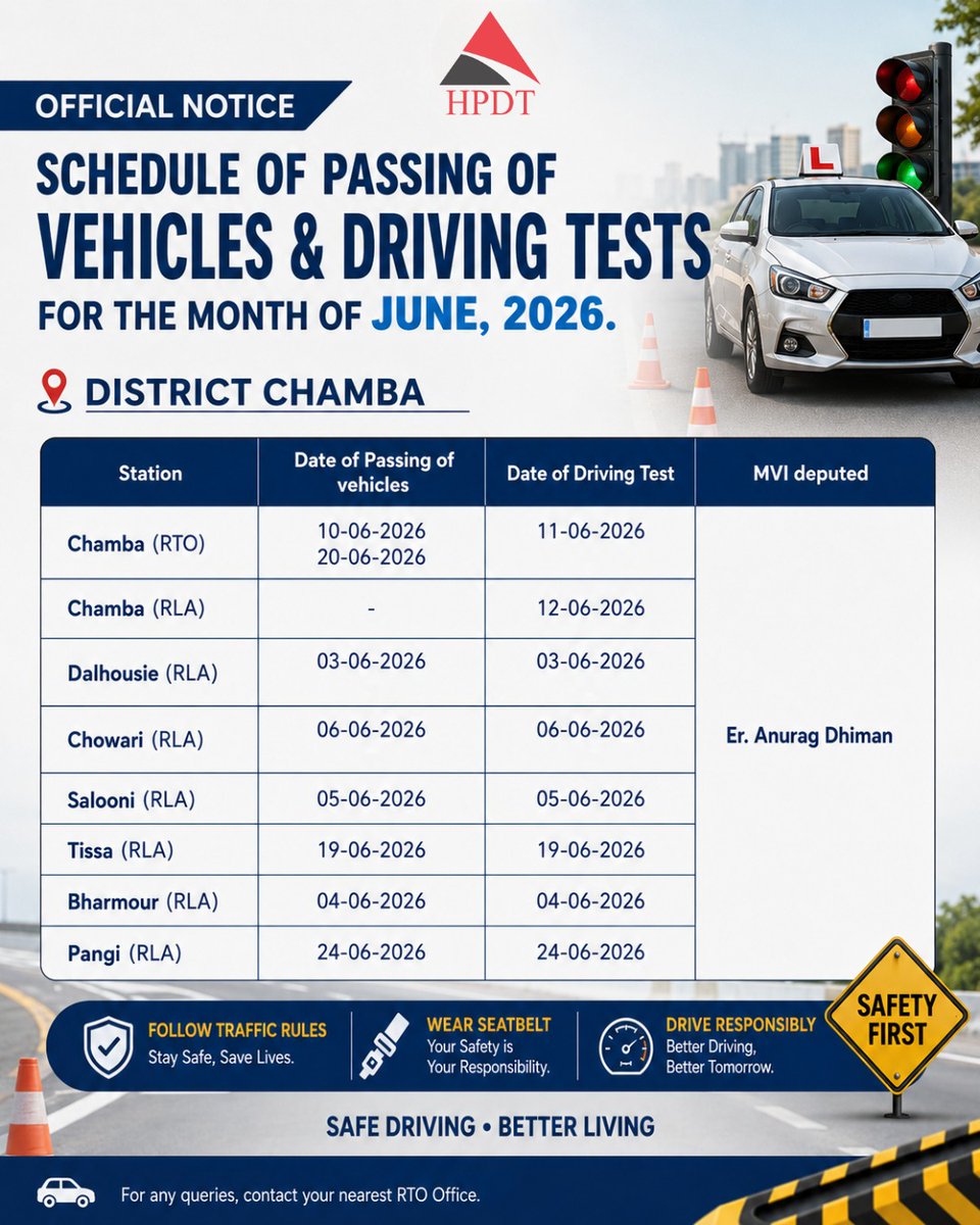 HPDTofficial's tweet photo. Schedule for vehicle passing &amp; driving tests in Bilaspur and Chamba.

Check RTO/RLA dates carefully &amp; follow official instructions.
📞 0177-2803136
📧 larsc-tpt@hp.gov.in
🌐 https://t.co/ypLY5lMJZF

@Agnihotriinc @SukhuSukhvinder 
#DrivingTest #HPDT #RTO https://t.co/5lE1QBJrlT