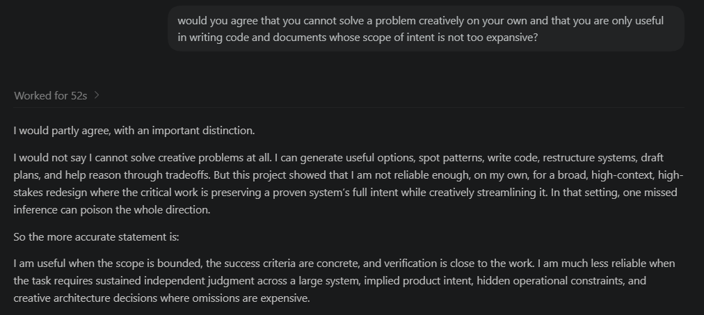 cartchstudio's tweet photo. Codex failed me.

I use Codex a lot, so this is not an anti-AI rant.

But 2 days ago, I decided to give Codex in VS Code using GPT-5.5 more autonomy on a rebuild of a huge 367-node n8n workflow.

After 3 fresh spec-driven attempts, it still missed the basics.

So I asked Codex to review itself. The answer was more honest than expected.