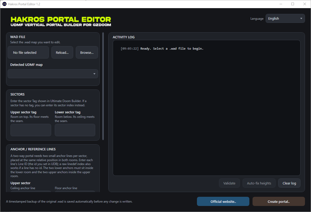 hakrosdeveloper's tweet photo. Hi guys, I've created a new tool for building vertical portals in Doom UDMF maps for GZDoom easily.
Pick the upper and lower sectors, set the anchor lines, and it writes all configuration for you.
Height/shape checks and backups included.
Website: https://t.co/Wi8M3OZpnR https://t.co/j1ueR9pVsf