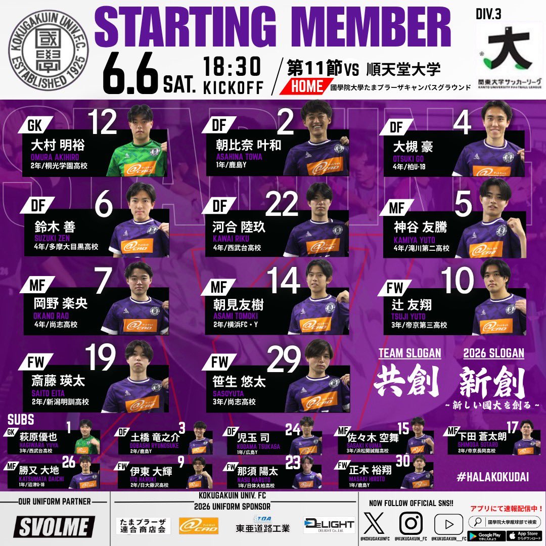 kokugakuinfc's tweet photo. ＼本日のメンバー発表／

🏆第100回関東大学サッカーリーグ3部
📅6/6(土)
🕐18:30 kick off
🟣第11節
🏟️國學院大學たまプラーザキャンパスグラウンド

【𝑺𝑻𝑨𝑹𝑻𝑰𝑵𝑮 𝑿𝑰】
大村明裕 （GK）
朝比奈叶和
大槻豪（C）
鈴木善
河合陸玖
神谷友騰
岡野楽央
朝見友樹
辻友翔
斎藤瑛太
笹生悠太 https://t.co/9nLjDGDpLu