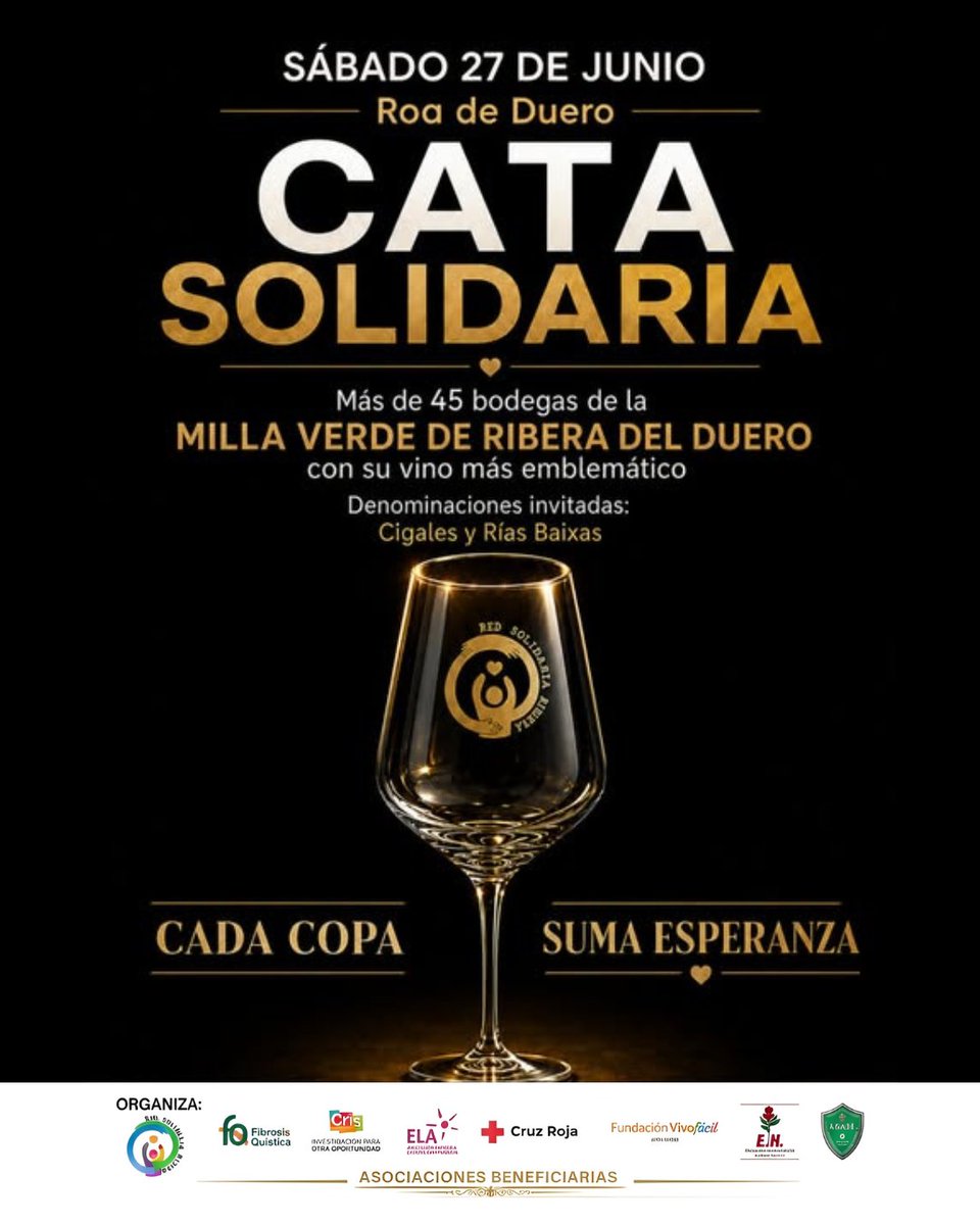 DORibera's tweet photo. El verdadero valor de una denominación de origen se mide en su capacidad para vertebrar el territorio y responder cuando su comunidad lo necesita.

El próximo sábado 27 de junio a las 18:30 h, Roa de Duero acoge la VI Cata Solidaria, una iniciativa impulsada por la Red Solidaria Ribera que demuestra el compromiso del sector vitivinícola con el desarrollo local y el apoyo social directo.

Más de 45 bodegas de la Milla Verde de Ribera del Duero descorcharán sus vinos más emblemáticos en una jornada que este año cuenta con Cigales y Rías Baixas como denominaciones invitadas. Aquí el vino no es el fin, sino la herramienta para recaudar fondos destinados íntegramente a la labor de asociaciones fundamentales para nuestra sociedad:

Federación Española de Fibrosis Quística
Cris Contra el Cáncer (Investigación para otra oportunidad)
ELA Castilla y León (Asociación Castellano Leonesa de Esclerosis Lateral Amiotrófica)
Cruz Roja
Fundación Vivofácil
E.M. (Esclerosis Múltiple)
ADAM (Asociación de Discapacitados de Aranda y la Ribera)

📋 Información clave para participar
Las inscripciones ya están abiertas. Cada plaza es un impulso directo a los proyectos asistenciales y de investigación de estas entidades.

Inscripción online: A través de la plataforma https://t.co/njtGFjXC9b o escaneando el código QR oficial de la organización.
Inscripción presencial: Disponibles de forma física en Roa de Duero en los establecimientos colaboradores Óptica Iris y La aguja de Mónica.

La viabilidad del entorno rural depende de alianzas firmes entre sus motores económicos y su tejido social. Cuando el sector del vino y la ciudadanía se coordinan, el impacto local se multiplica.

Ayúdanos a difundir el evento compartiendo esta publicación en tu perfil o etiquetando a las personas de tu red que no deberían faltar a esta cita en Roa.