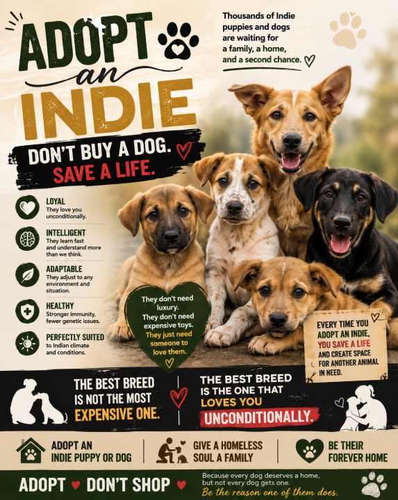 TheViditsharma's tweet photo. DON'T BUY A DOG.
SAVE A LIFE.
Thousands of Indie puppies and dogs are waiting for a family, a home, and a second chance.

❤️ Loyal
❤️ Intelligent
❤️ Adaptable
❤️ Healthy
❤️ Perfectly suited to Indian weather

They don't need luxury.
They don't need expensive toys.
They just need someone to love them.
Every time you adopt an Indie, you save a life and create space for another animal in need.
The best breed is not the most expensive one.
The best breed is the one that loves you unconditionally.
🏡 Adopt an Indie Puppy or Dog
🐾 Give a Homeless Soul a Family
❤️ Be Their Forever Home

ADOPT • DON'T SHOP

#AdoptDontShop