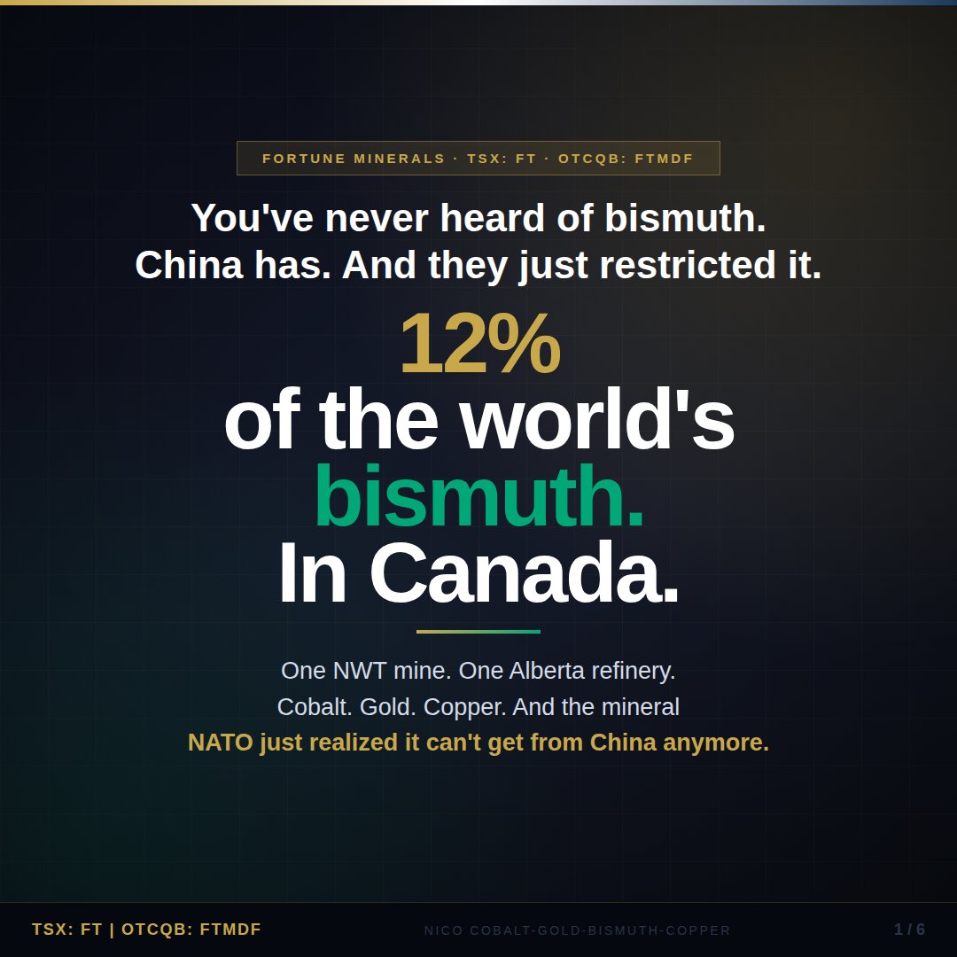 ArneriDesign's tweet photo. Most people have never heard of bismuth. 

China has. 🇨🇳 

In February 2025 they restricted its export. The price went from $5.40/lb to a $20/lb annual average, hitting $34/lb in March. One Canadian company has 12% of the world’s reserves. $FT Fortune Minerals. 🧵 NFA DYOR https://t.co/KPb1fC2fsx