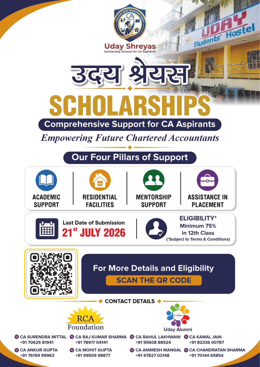 imcaraj's tweet photo. Become a Chartered Accountant at ZERO cost! 🎓

> The RCA Foundation announces the Uday Shreyas Scholarship—a fully residential, 100% funded CA programme in Jaipur with free coaching, hostel, meals &amp; mentorship.
> Apply by July 21: https://t.co/RfI3a6ZuKg

> (1/2) 👇 https://t.co/0IbNjDoMLq