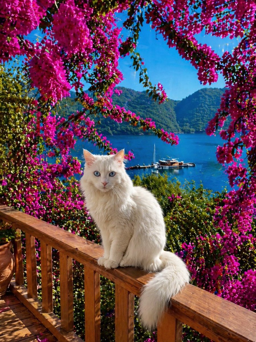 PoppiekRosnx's tweet photo. Cat with a Perfect View😽💙🌺⛱️

#Caturday #Bougainvillea #Flowers #SummerVibes #Cats https://t.co/VR2RceD6GW