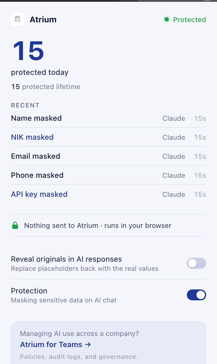 huseindra's tweet photo. Akhirnya ekstensi sederhana untuk hal-hal sepele yang sering kelupaan: copy-paste data sensitif ke ChatGPT, Claude, atau Gemini.

Saya bikin Atrium Browser Lite untuk masking data sensitif sebelum dikirim ke AI. 

Link ekstensi: https://t.co/PwlAZclBAu https://t.co/vOWHDXjktA