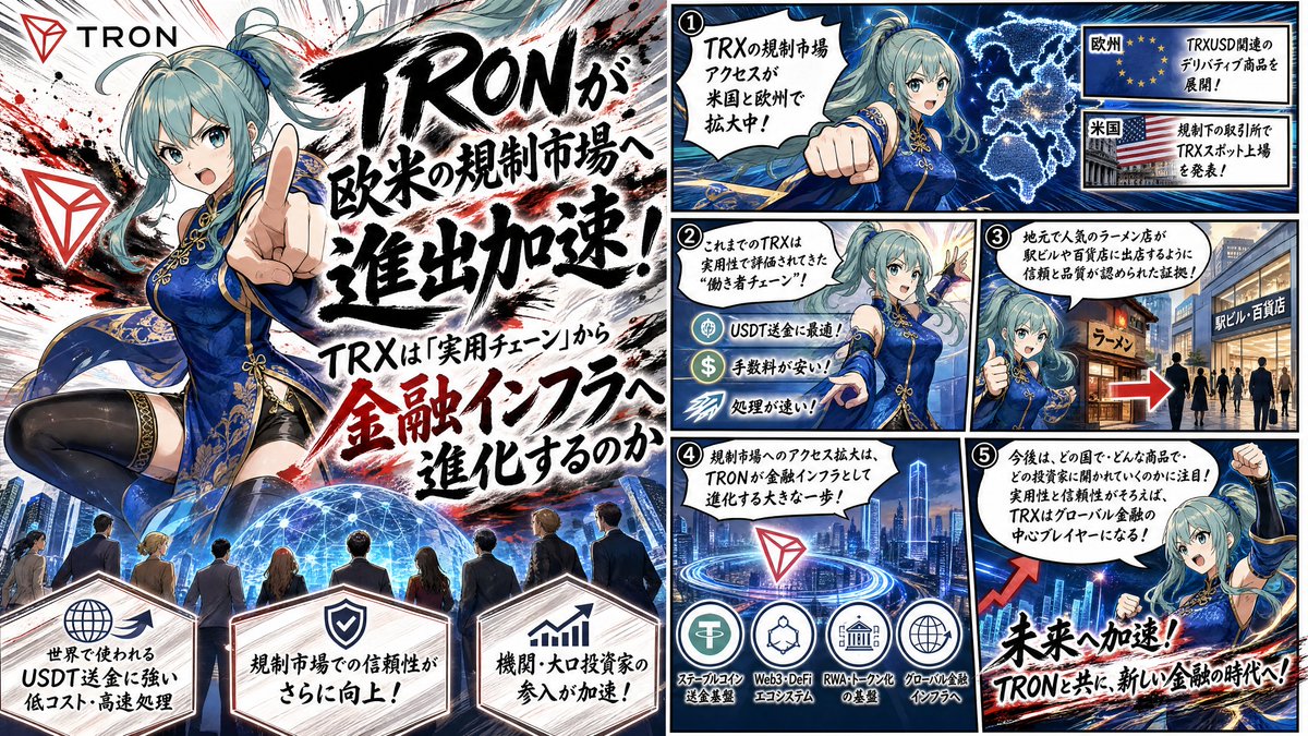 CHIBIKURO_QnQ's tweet photo. TRONが欧米の規制市場へ進出加速！TRXは「実用チェーン」から金融インフラへ進化するのか

TRON、そしてTRXに注目している人にとって、いま見逃せないニュースが出ています。それが「TRXの規制市場アクセスが米国と欧州で拡大している」という動きです。

これ、かなり大きいです。なぜならTRXはこれまで「USDT送金に強い」「手数料が安い」「処理が速い」という実用面で評価されることが多い銘柄でした。

つまり、暗号資産の世界で実際に使われる“働き者チェーン”という立ち位置です。

ところが今、そのTRXが一段上のステージに入りつつあります。欧州ではTRXUSD関連のデリバティブ商品が展開され、米国でも規制下の取引所でTRXスポット上場が発表されました。

これは単なる上場ニュースではありません。TRXが「よりルールの整った金融市場の中で扱われる流れに乗り始めた」ということなんです。

分かりやすく言えば、地元で大人気だったラーメン店が駅ビルや百貨店のレストラン街に出店するようなものです。味が良いだけでは入れません。衛生管理、ブランド力、運営体制、信頼性など、いくつもの条件をクリアする必要があります。

TRXの規制市場アクセス拡大も、それに近い意味があります。「使われている暗号資産」から「より安心して取引しやすい暗号資産」へと見られ始めているのです。

TRONにとってこの流れはかなり重要です。暗号資産市場では短期的な話題性だけでは長く残れません。結局のところ重要なのは実需と信頼性です。

TRONはすでにUSDT送金の分野で強い存在感を持っています。低コストでスピーディーに送金できるため、国際送金やステーブルコイン決済の場面で使いやすいネットワークとして知られています。

そこに今回「欧米の規制市場」という新しい入口が加わります。これはTRONエコシステムにとってかなり大きな追い風です。

なぜなら規制された市場でTRXにアクセスできる環境が整えば、個人投資家だけでなく、機関投資家や大口投資家もTRXを検討しやすくなるからです。

特に注目したいのはTRONが「ただの送金チェーン」ではなく「金融インフラとして使われるブロックチェーン」へ進化している点です。

Web3の世界では派手な発表よりも、実際に使われる導線が増えることのほうが価値があります。TRXの欧米での規制市場アクセス拡大は、まさにその導線を太くする動きです。

今後TRONを見るときは、TRXの価格だけを追うのではなく、どの国の規制市場で、どのような商品として、どの投資家層に開かれていくのかを見ることが大切です。TRONはすでにステーブルコイン送金で強みを証明しています。

そこに規制市場での信頼性が加われば、TRXは単なる暗号資産のひとつではなく、グローバル金融の中で実用性を持つデジタル資産として、さらに存在感を高めていく可能性があります。

#TRONGlobalFriends #TGF
@trondao @TronDao_JPN