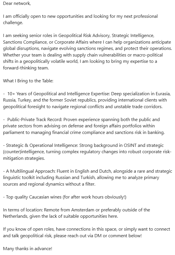 Isa_Yusibov's tweet photo. 📢Folks, I am looking for a job. 
DM is open for recommendations/networking coffee but I have to close the comments section due to the amount of haters on this platform. Many thanks💜 https://t.co/JWdHXGbsOu