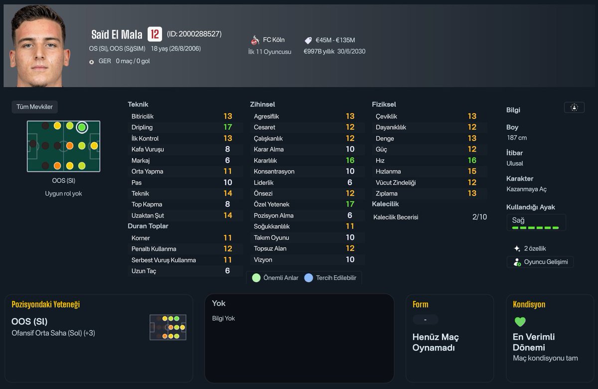 fmpolisi's tweet photo. Brentford’ın Köln’den kadrosuna katmaya hazırlandığı Saïd El Mala’nın FM profili.

CA/PA: 130/150-180

#FM26 #FootballManager https://t.co/oTkq1ndThE
