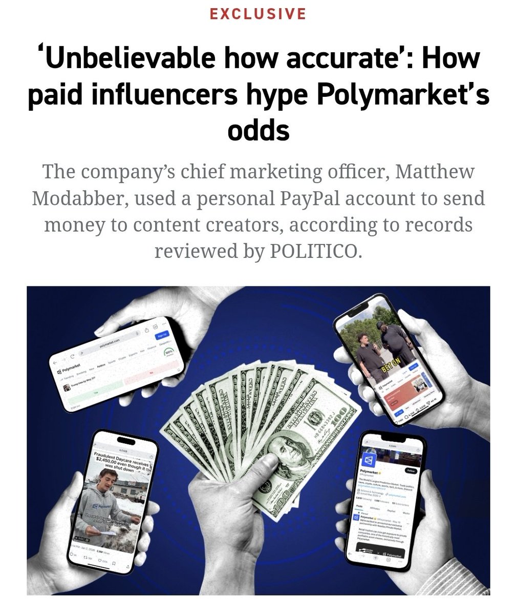 VeteranEMEA's tweet photo. Politico have run an investigative story on Polymarket, where they've identified hundreds of social media accounts paid for by PERSONAL FUNDS to advertise without the "Paid Promotional" tag.

Sometimes even paid by proxy.

Sound familiar? This explains a lot of what we're seeing. https://t.co/1PYjzX46lM