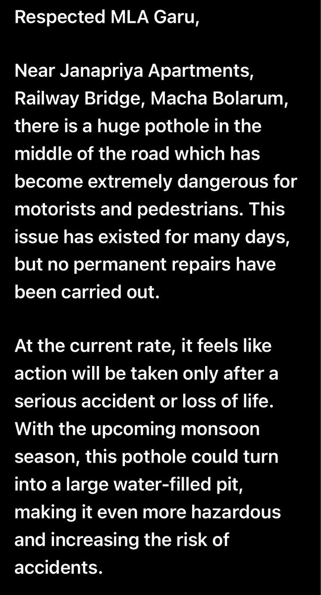 MPravid's tweet photo. 🚨 Dangerous pothole in the middle of the road near Janapriya Apartments, Railway Bridge, Macha Bolarum.This has been neglected for many days and poses a serious risk to commuters #PotholeIssue #PublicSafety #HyderabadRoads @GHMCOnline @CommissionrGHMC @MarriRajasekar #roadsafety https://t.co/27KK8KwHHz