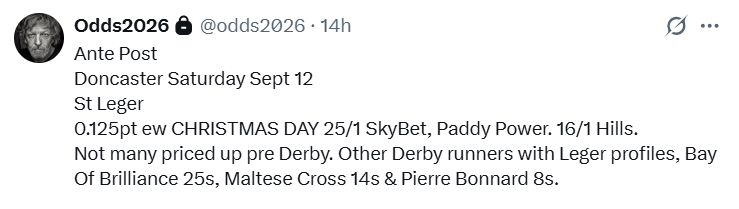OddsWise's tweet photo. Two nice winners for subscribers this afternoon (7/2 &amp; 7/4) from 3 selections. The loser was Benvenuto Cellini, so they'll get their money back there! 🤗 They also got this advice ante post for the St Leger.  He's the new favourite for the race. £30 a month. Still spaces left! https://t.co/MmuFvjfcb3