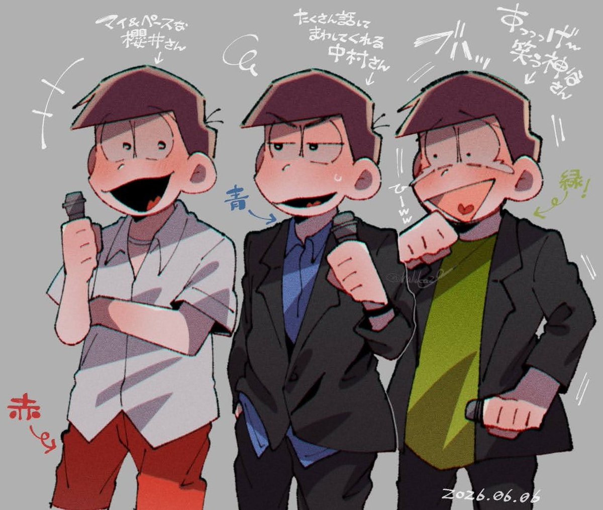 haluka29's tweet photo. 6/6の10thアニバ 
兄松回での声優さんたちの服装メモ
それぞれ各6つ子の色を身に着けて下さってて嬉しかった！！❤️💙💚 https://t.co/ikddhd78T7